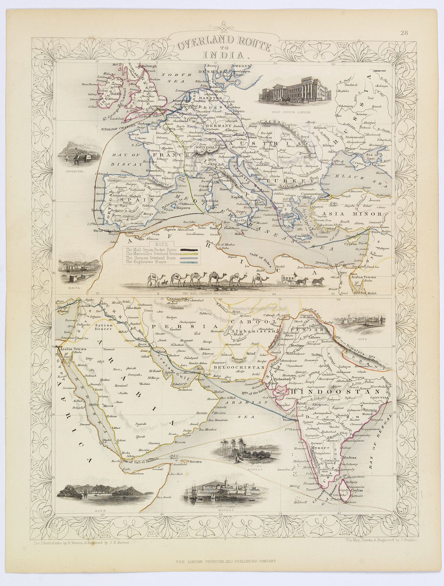 TALLIS, J., Overland Route to India., antique map, old maps