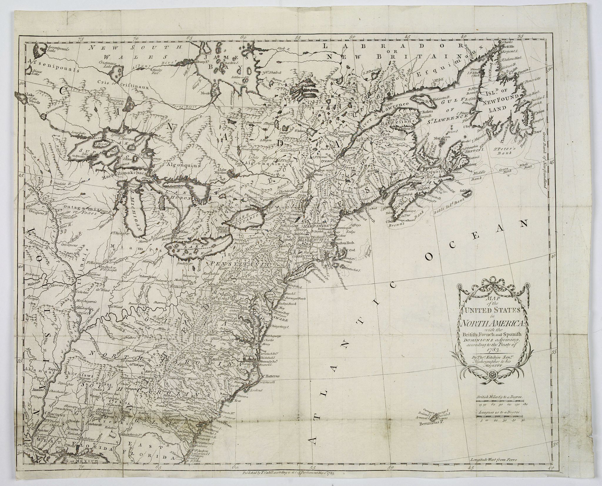 KITCHIN, Thomas., Map of the United States in North America: with the British, French and Spanish Dominions adjoining, according to the Treaty of 1783., antique map, old maps