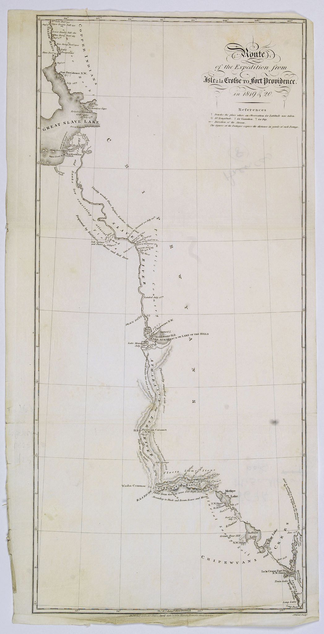FRANKLIN, John., Route of the Expedition from Isle de la Crosse to Fort Providencein 1819 & 20., antique map, old maps
