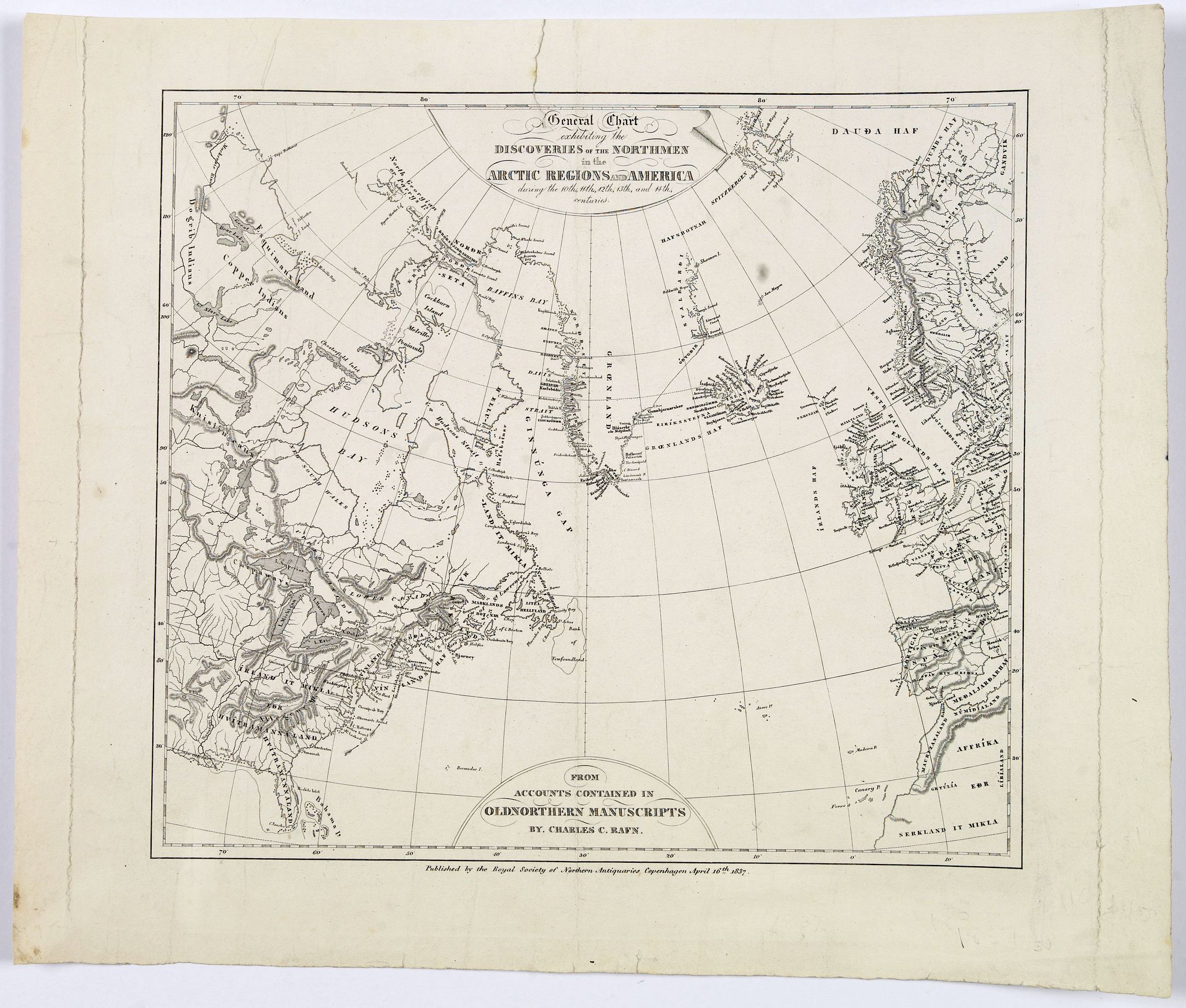 RAFN, Charles., General Chart exhibiting the Discoveries of the Northmen in the Arctic Regions and America. . ., antique map, old maps