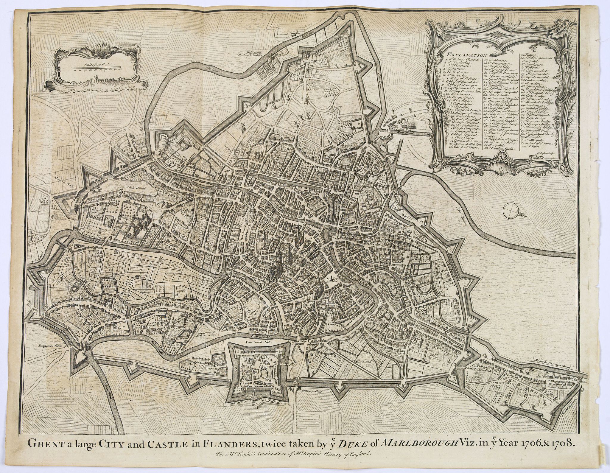 RAPIN / TINDAL., Ghent a large City and Castle in Flanders. . ., antique map, old maps