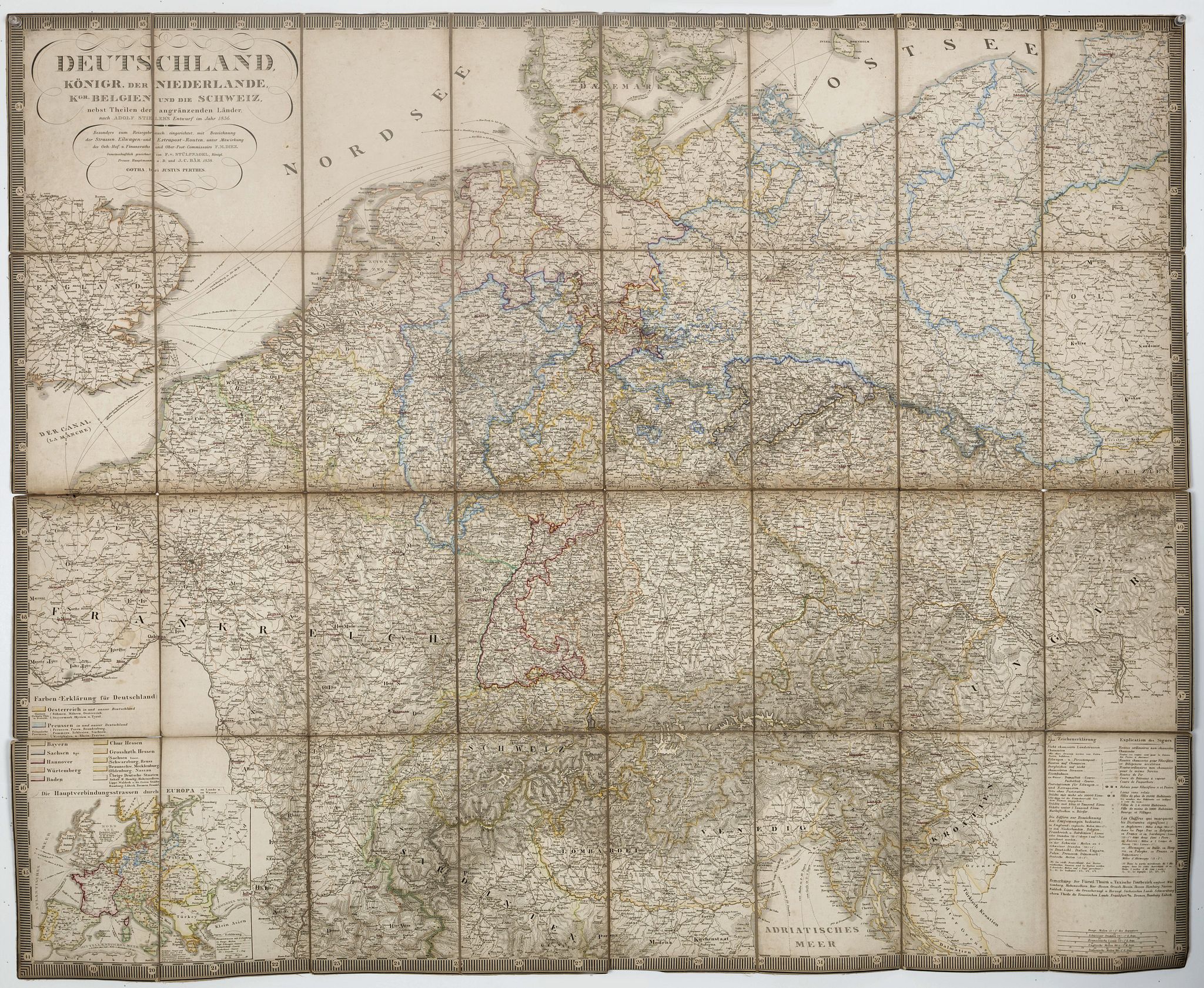 PERTHES, J., Deutschland, Königr. Der Niederlande, Kgr. Belgien und der Schweiz, nebst Theilen der angränzenden Länder nach Adolf Stieler im Jahr 1836., antique map, old maps