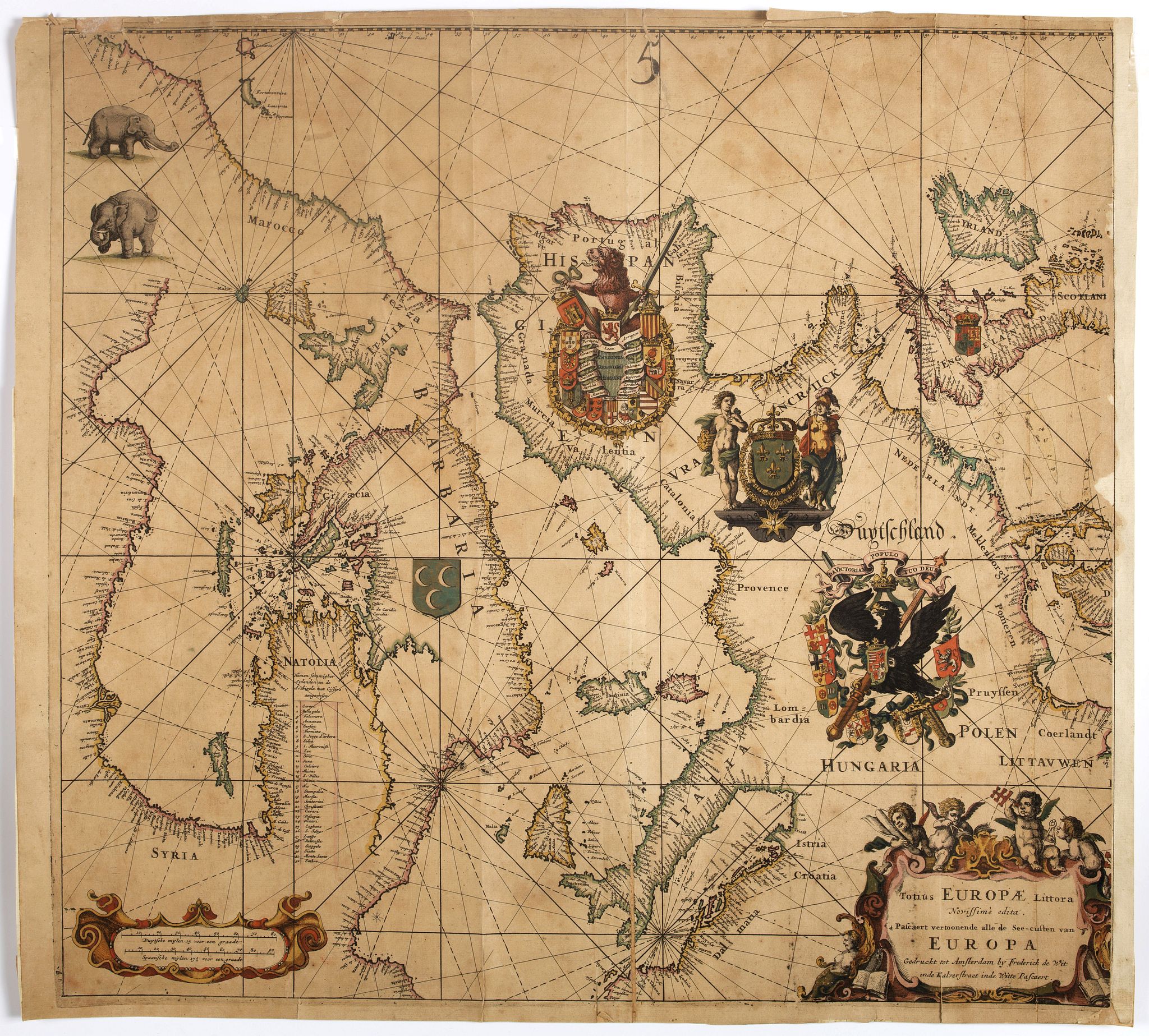 DE WIT, F., Totius Europae Littora Novissimè edita Pascaert vertoonende alle de See-custen van EUROPA. . ., antique map, old maps