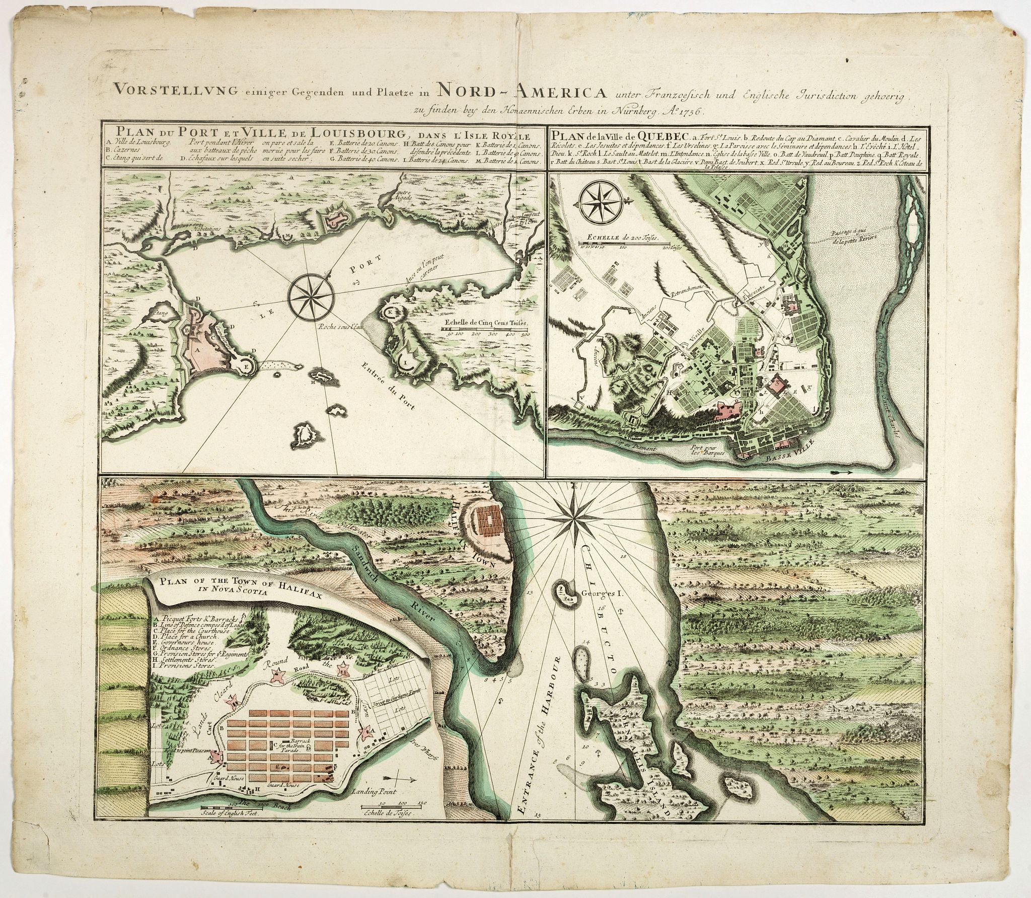 HOMANN HEIRS., Vorstellung einiger Gegende und Plaetze in Nord America., antique map, old maps