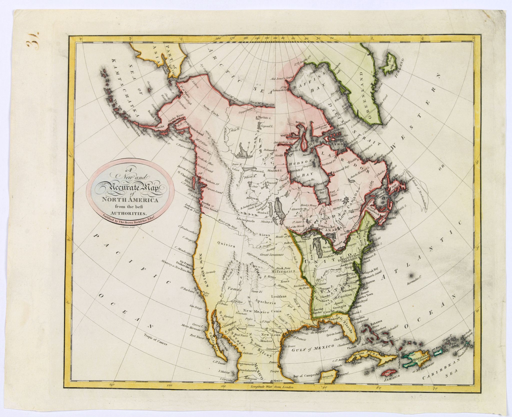 BROWN, Thomas., A New and Accurate Map of North America from the best Authorities., antique map, old maps