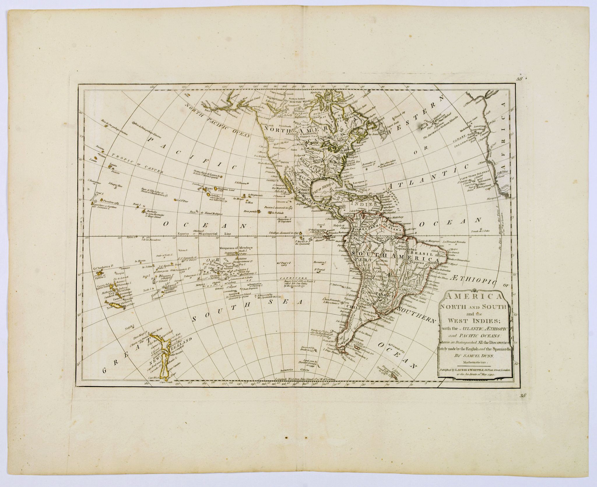 LAURIE & WHITTLE., America North and South and the West Indies, with the Atlantic, Aethiopic and Pacific Oceans. . ., antique map, old maps
