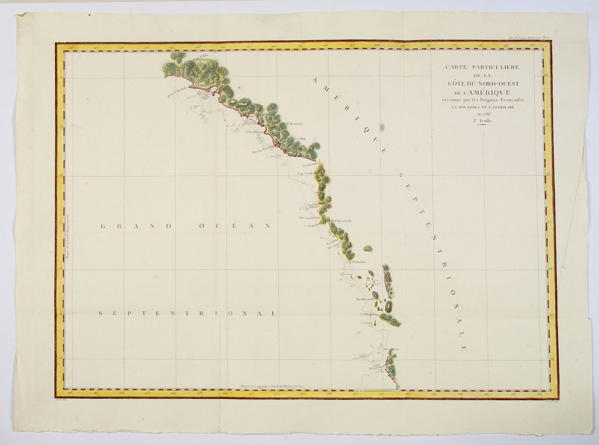 LA PEROUSE, Jean., Carte Particuliere de la Cote du Nord-Ouest de l'Amerique reconnue par les Fregates Francaises la Boussole et l' Astrolabe en 1786 1e. Feuille., antique map, old maps