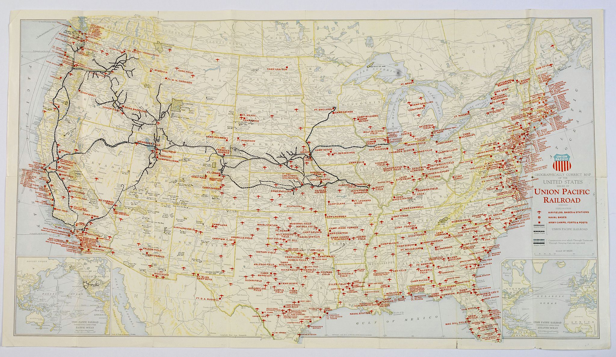 UNION PACIFIC RAILROAD / SMITH, L.E., Military Map of the United States / Illustrated Gettysburg Battlefield Map., antique map, old maps