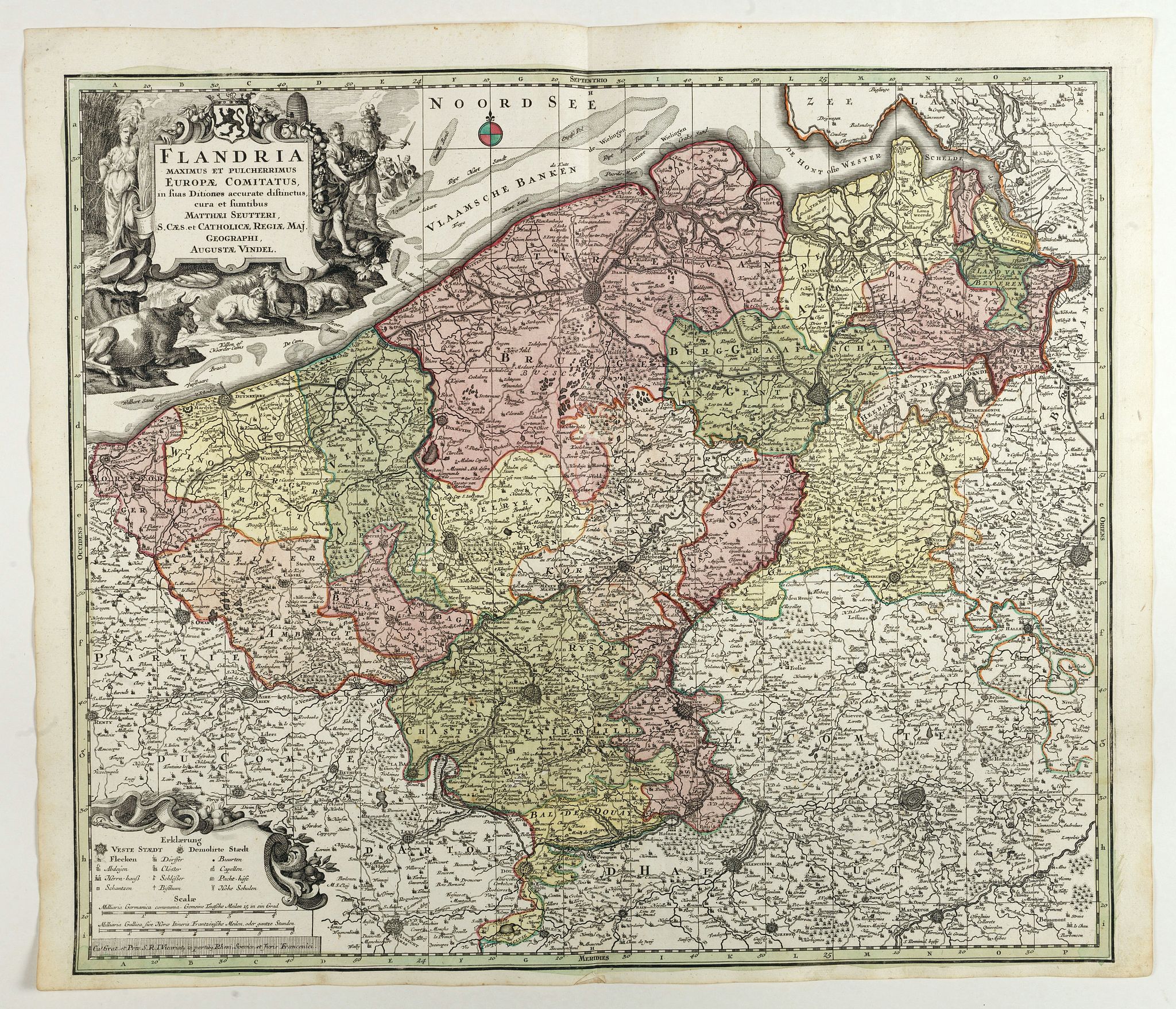 SEUTTER, M., Flandria Maximus Et Pulcherrimus Europae Comitatus in suas Ditiones accurate distinctus. . ., antique map, old maps