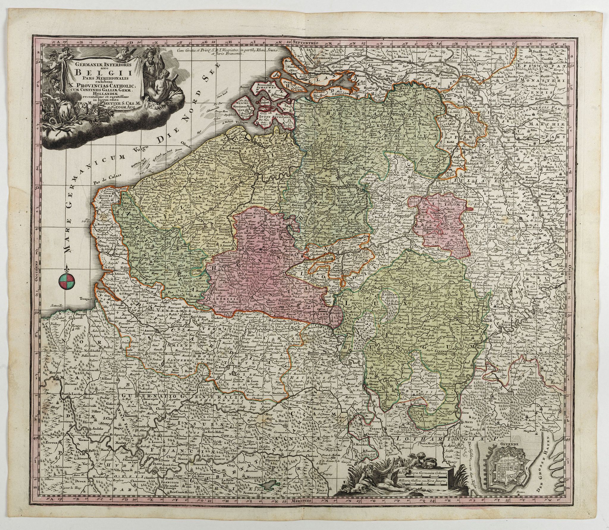 SEUTTER, M., Germaniae Inferioris Sive Belgii Pars Meridionalis exhibens X. Provincias Catholi. Cum Confiniis Galliae Germ. Hollandiae recentissime et curatissime in lucem edita . . ., antique map, old maps