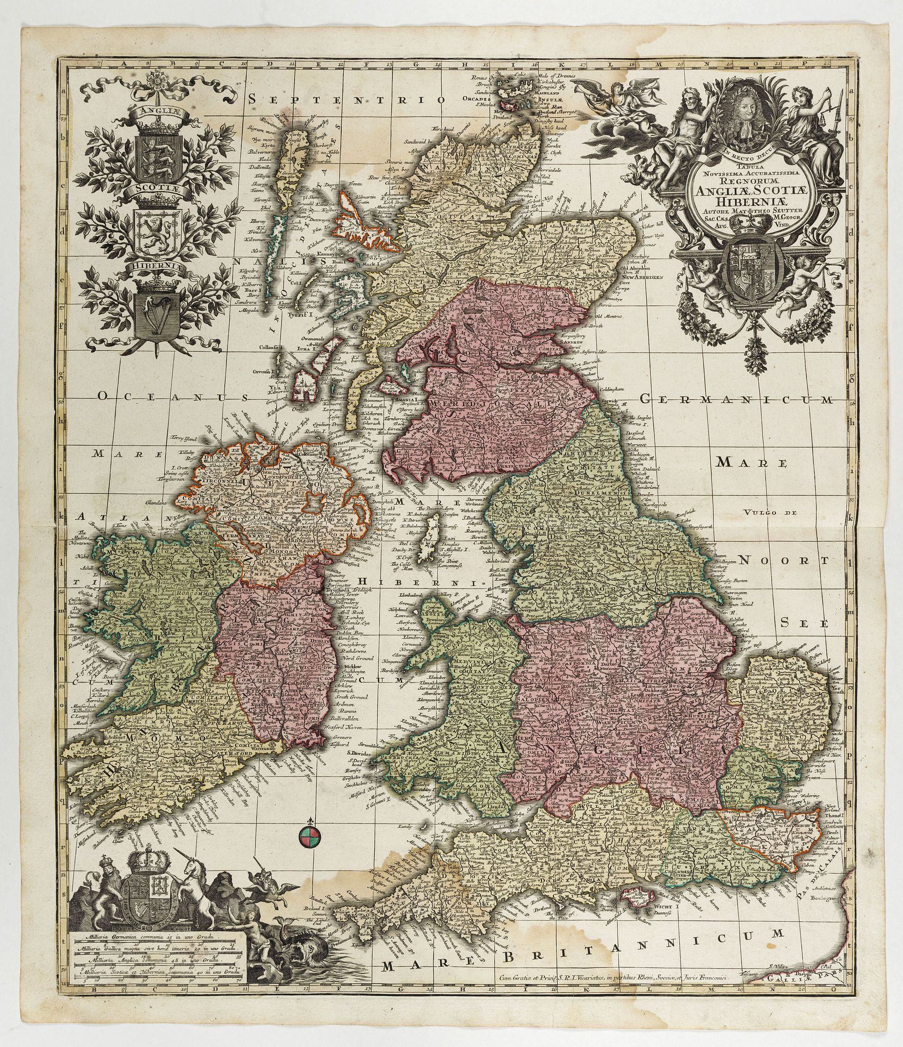 SEUTTER, M., Tabula Novissima Accuratissima Regnorum Angliae, Scotiae, Hiberniae. . ., antique map, old maps