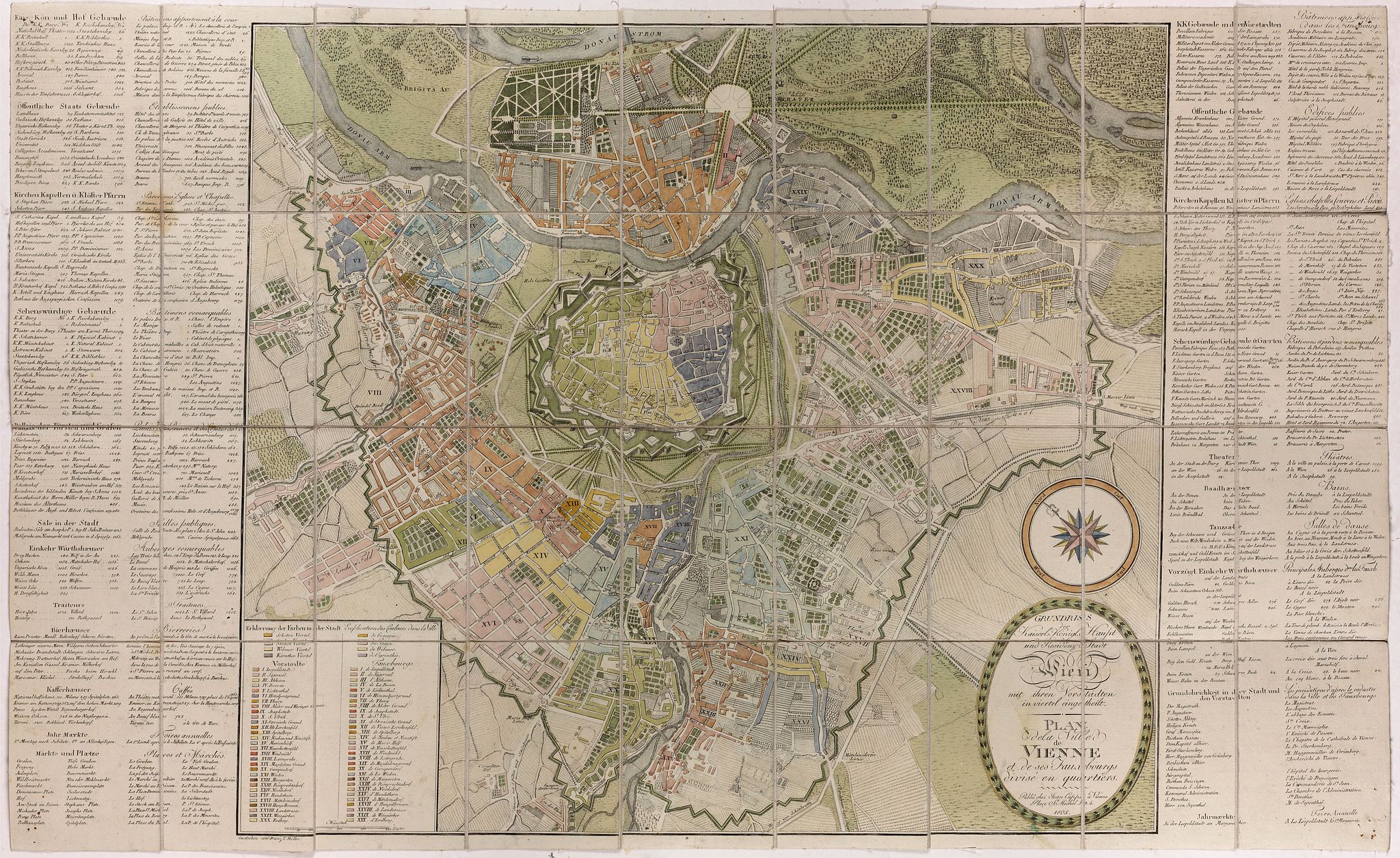 CAPPI, J., Plan de la ville de Vienne et de ses faubourgs divisés en quartiers., antique map, old maps