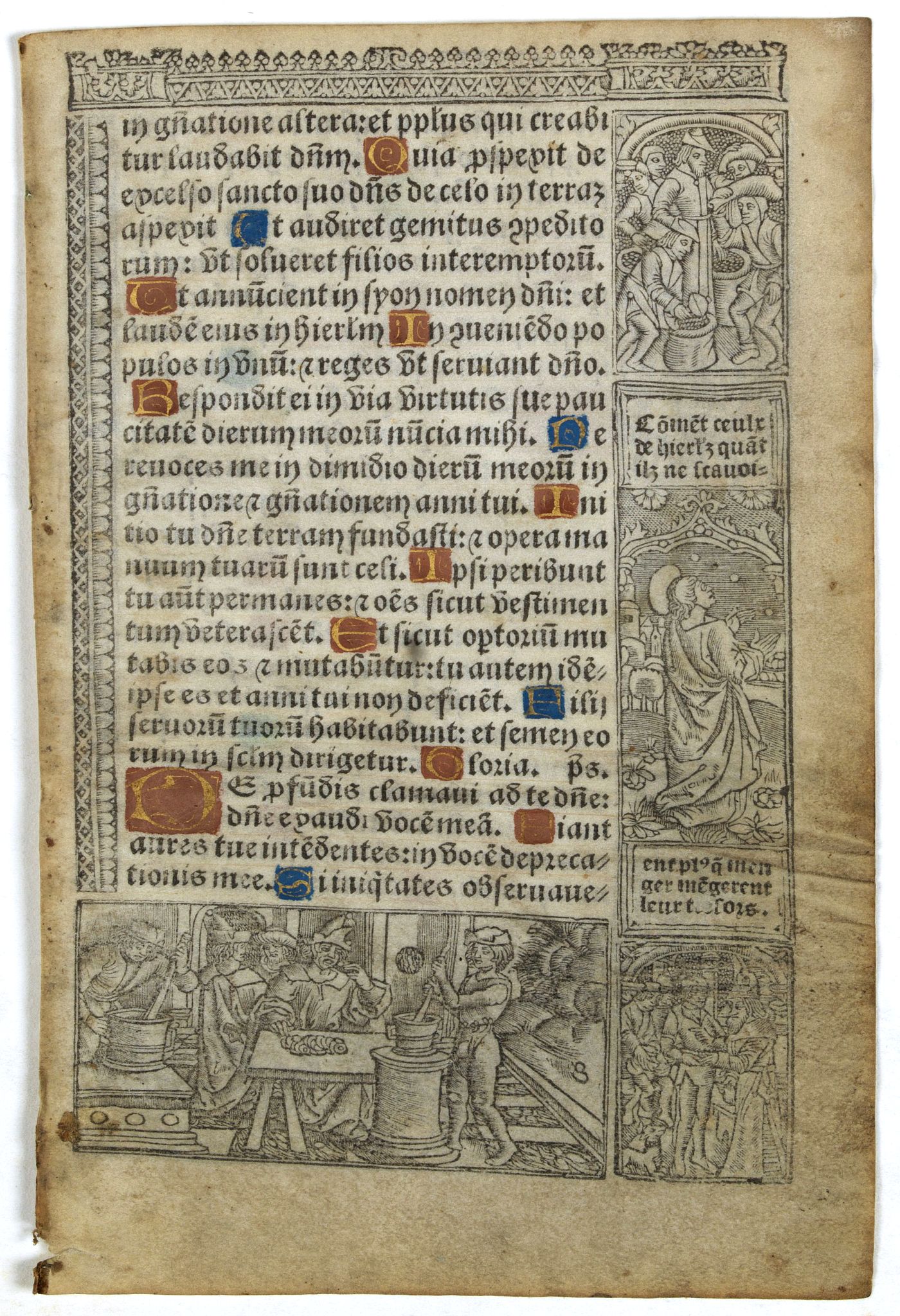 PRINTED BOOK OF HOURS (Use of Rome)., Leaf on vellum from a printed Book of Hours In Latin and French., antique map, old maps