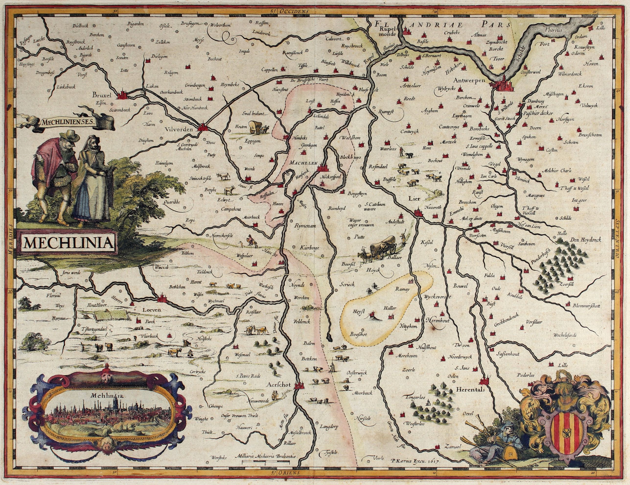 KAERIUS, P., Mechlinia (Mechelen), antique map, old maps