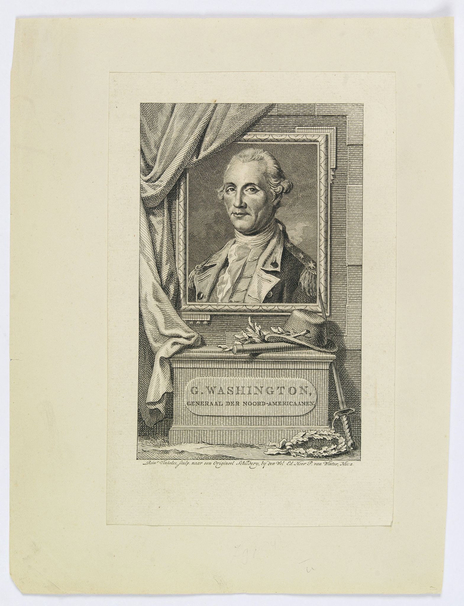 VINKELES, Reinier., G. Washington, Generaal der Noord-Americaanen., antique map, old maps