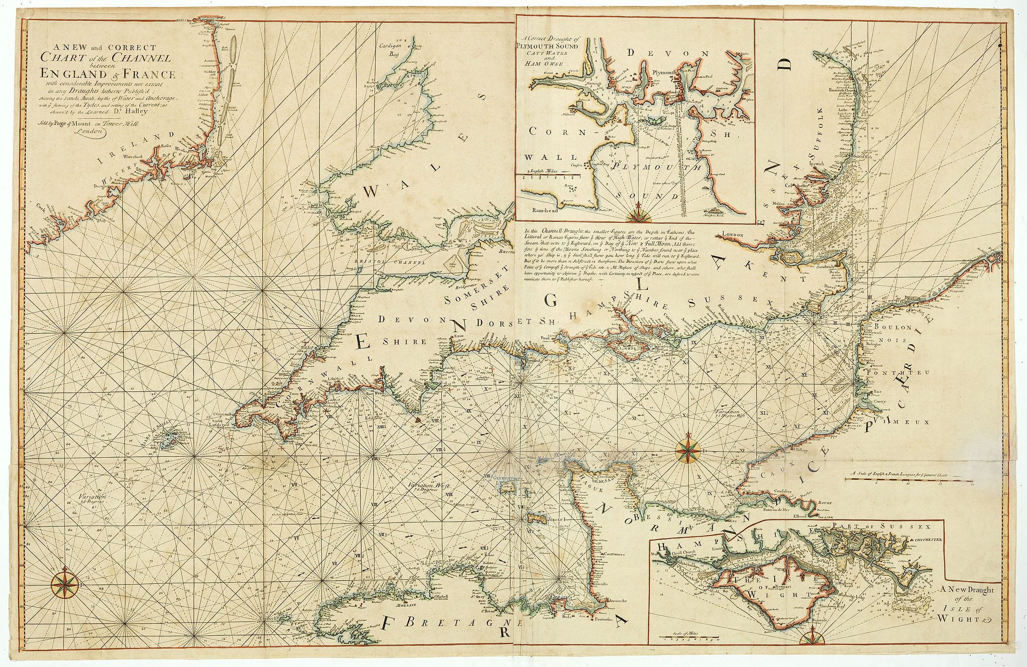 MOUNT, W. / PAGE, T., A new and correct chart of the channel between England & France.., antique map, old maps