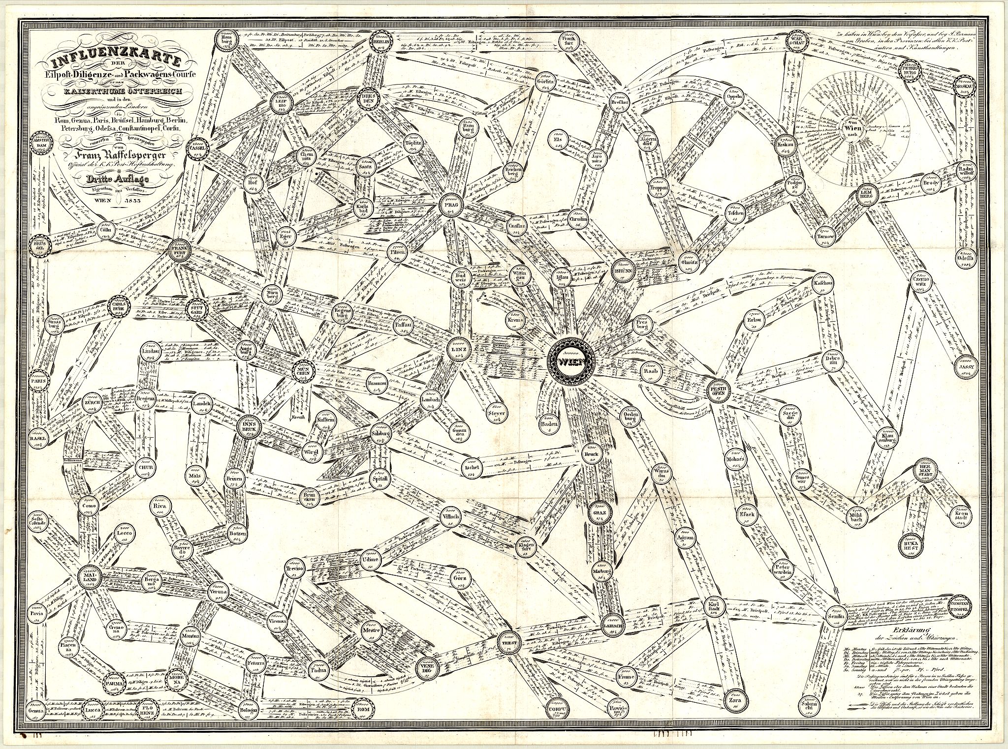 RAFFELSPERGER, J., Influenzkarte der Eilpost-, Diligence- und Packwagens-Course in dem Kaiserthume Österreich und den angrenzenden Ländern von Fr. Raffelsperger., antique map, old maps