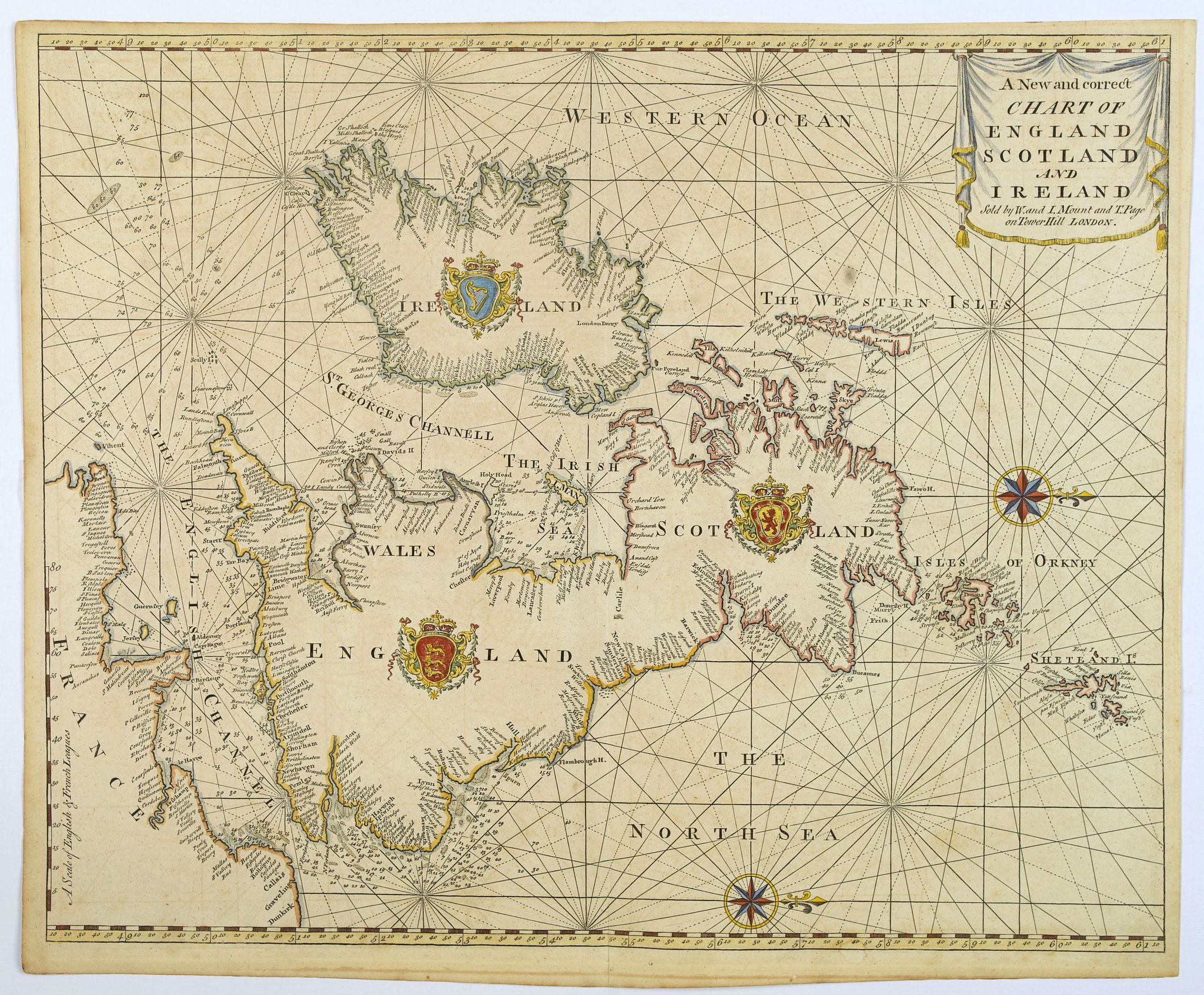 MOUNT AND PAGE., A New and Correct Chart of England Scotland and Ireland., antique map, old maps