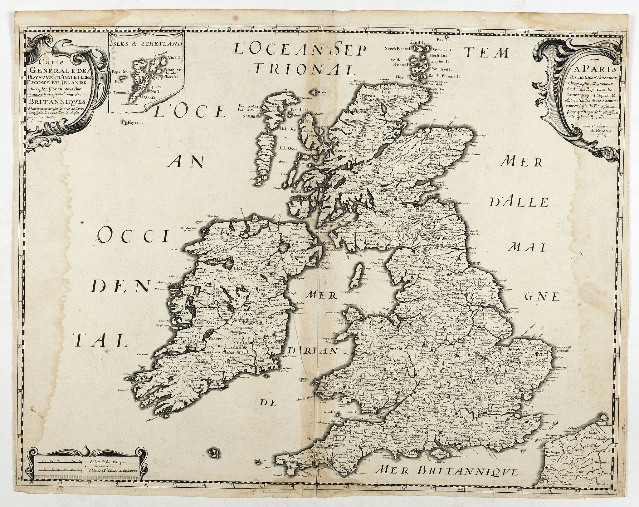 TAVERNIER, M., Carte Generale des Royaume d'Angleterre Escosse et Irlande Avecq les Isles circonvoisines Conues toutes soubs le nom de Britanniques / Nouvellement dressee et tiree de Cambdene Spede & autres Par N. Sanson geogr.e Ord.re du Roy., antique map, old maps