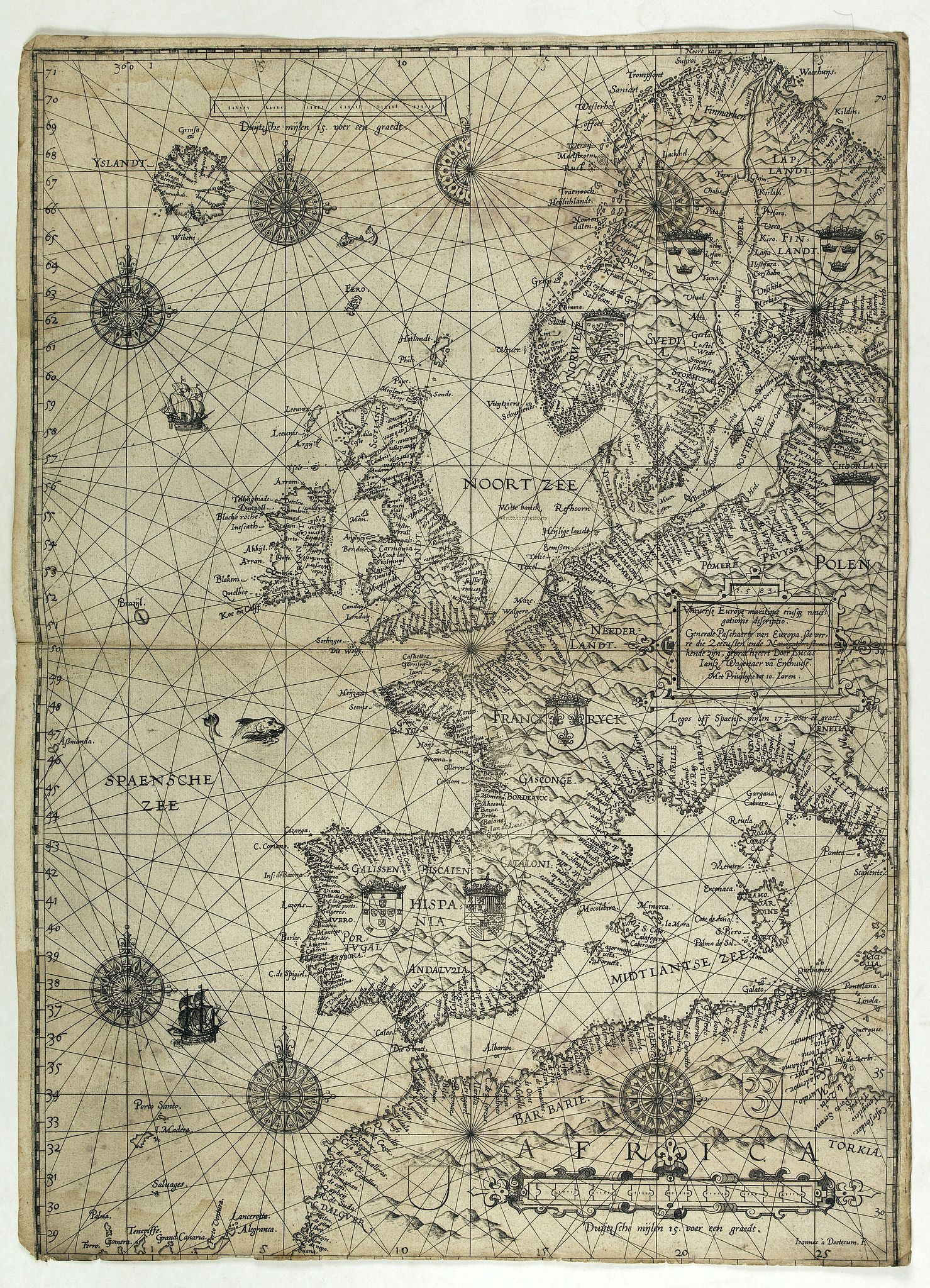 WAGHENAER, L.J., Universe Europae Maritime Eiusque Navigationis Descriptio. Generale Pascaerte van Europa . . ., antique map, old maps