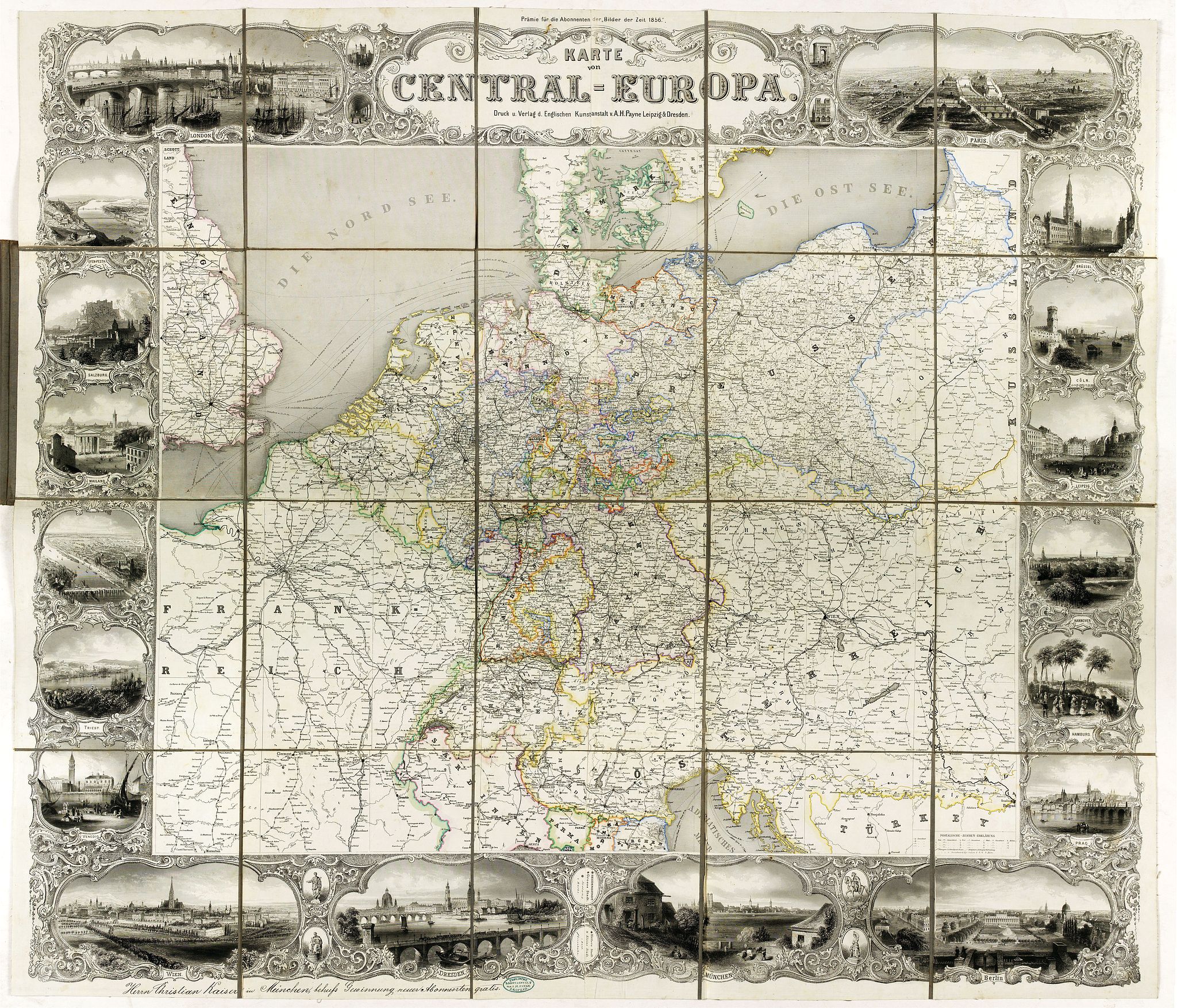 PAYNE, A.H., Karte von Central-Europa., antique map, old maps