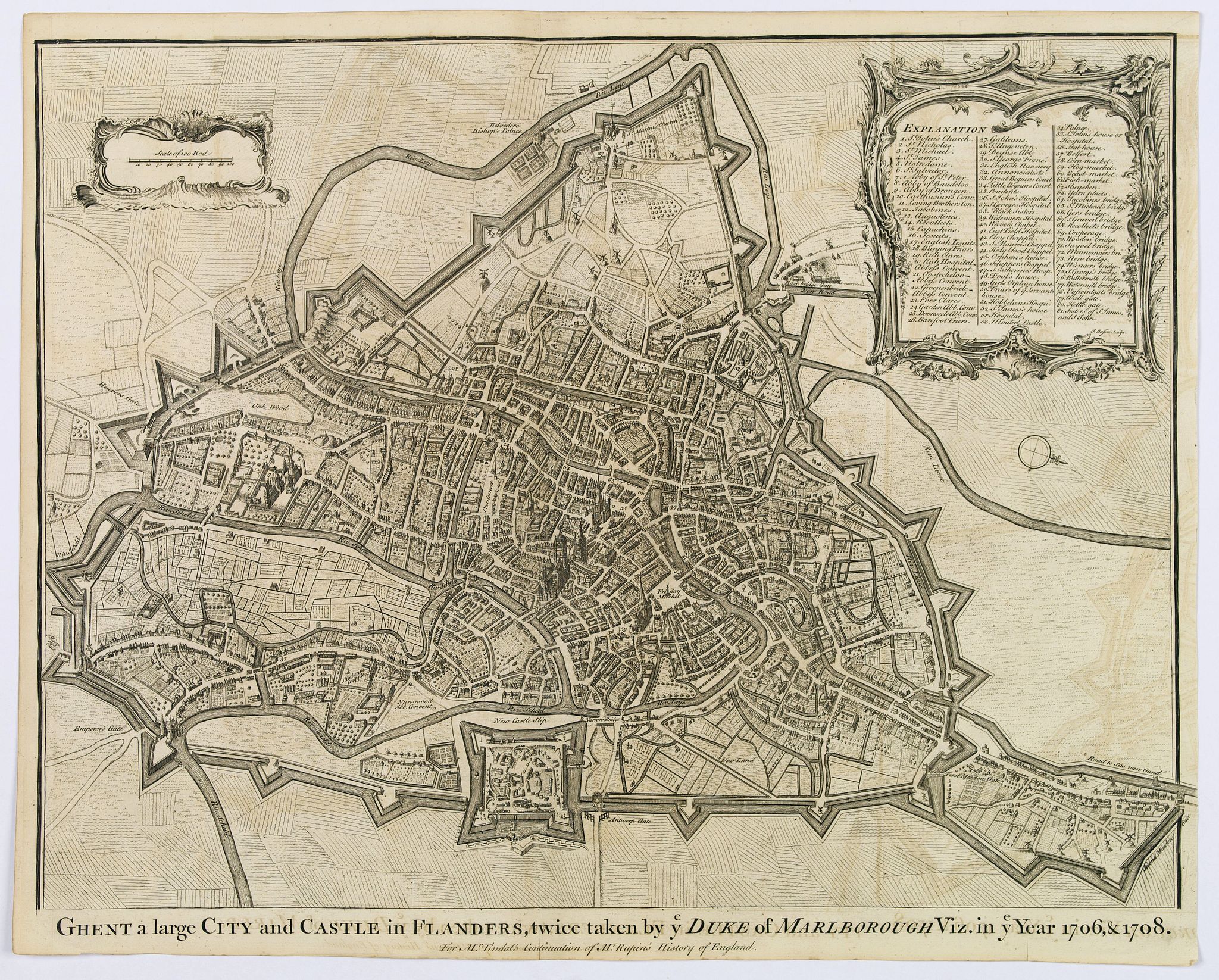 RAPIN, T. / TINDAL, N., Ghent a large City and Castle in Flanders. . ., antique map, old maps