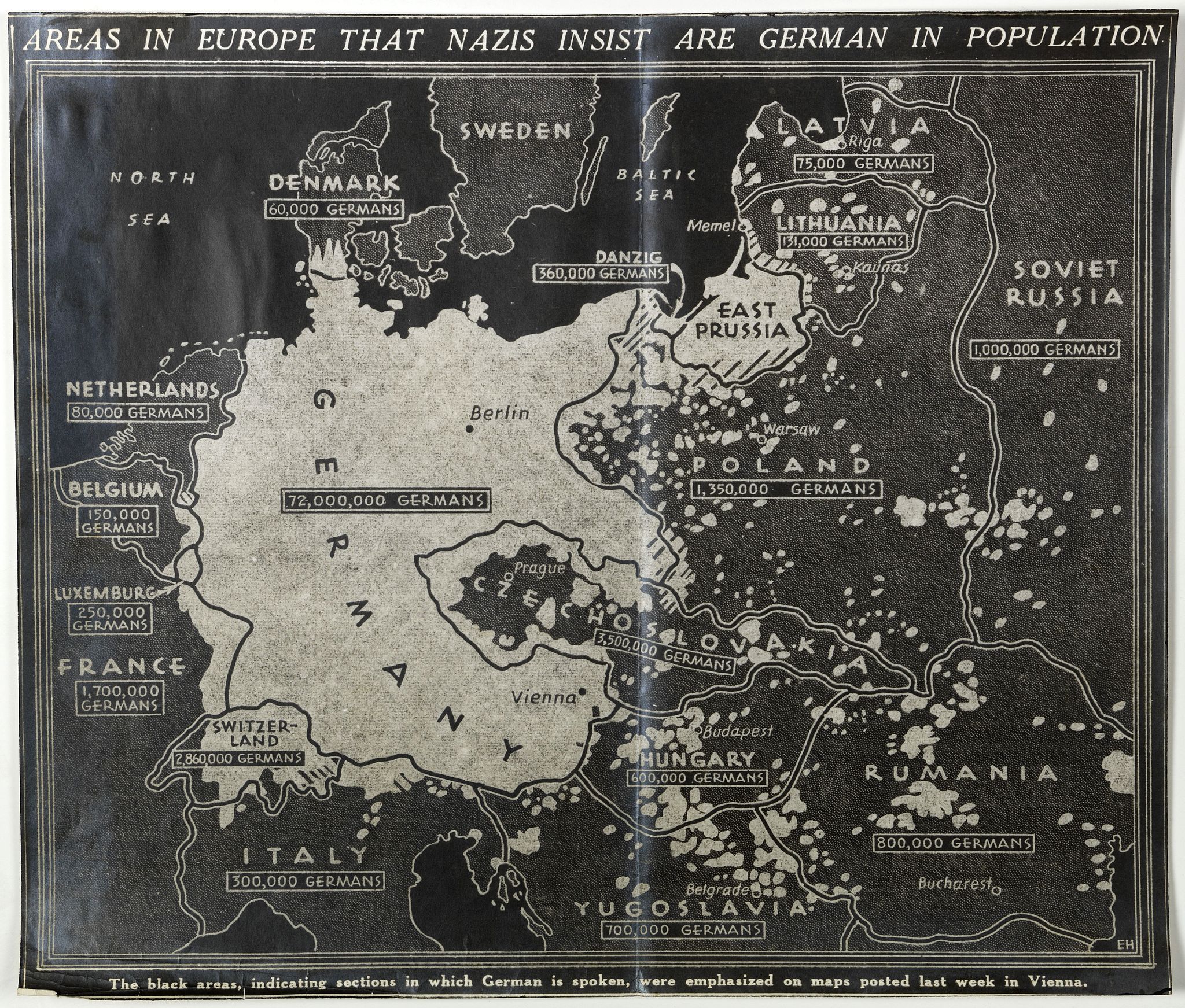 E.H., Areas in Europe that nazis insist are German in population . . ., antique map, old maps