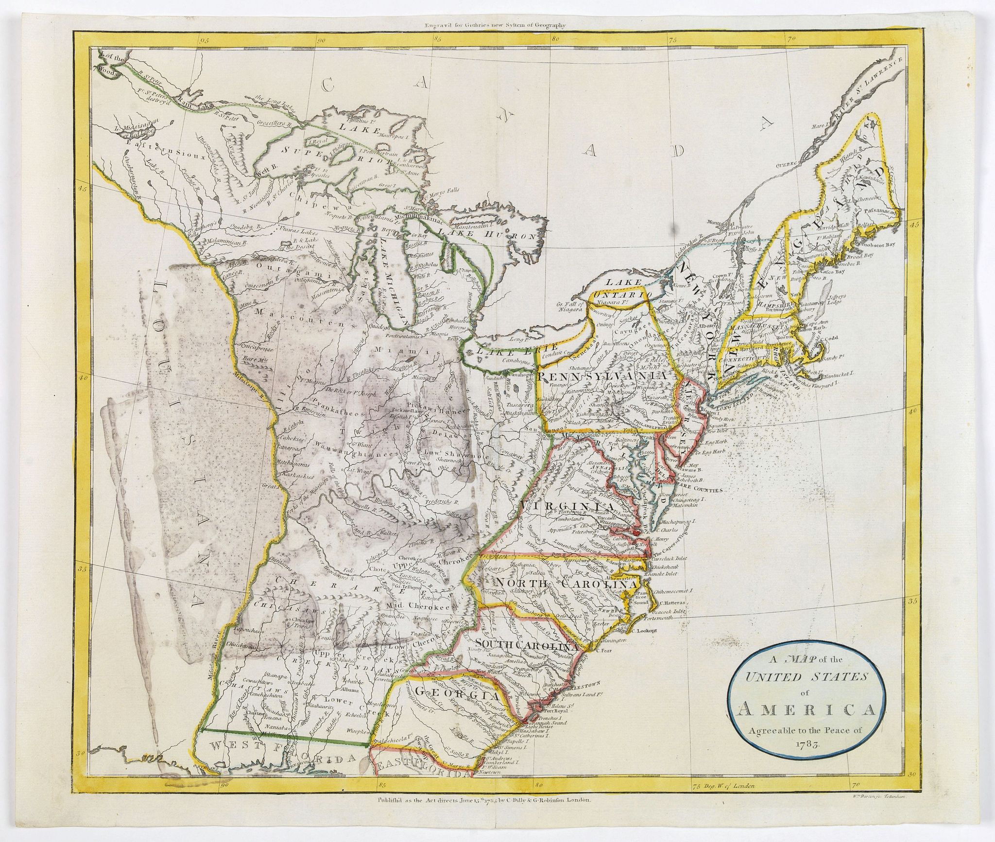 DILY / ROBINSON., A Map of the United States of America Agreeable to the Peace of 1783., antique map, old maps