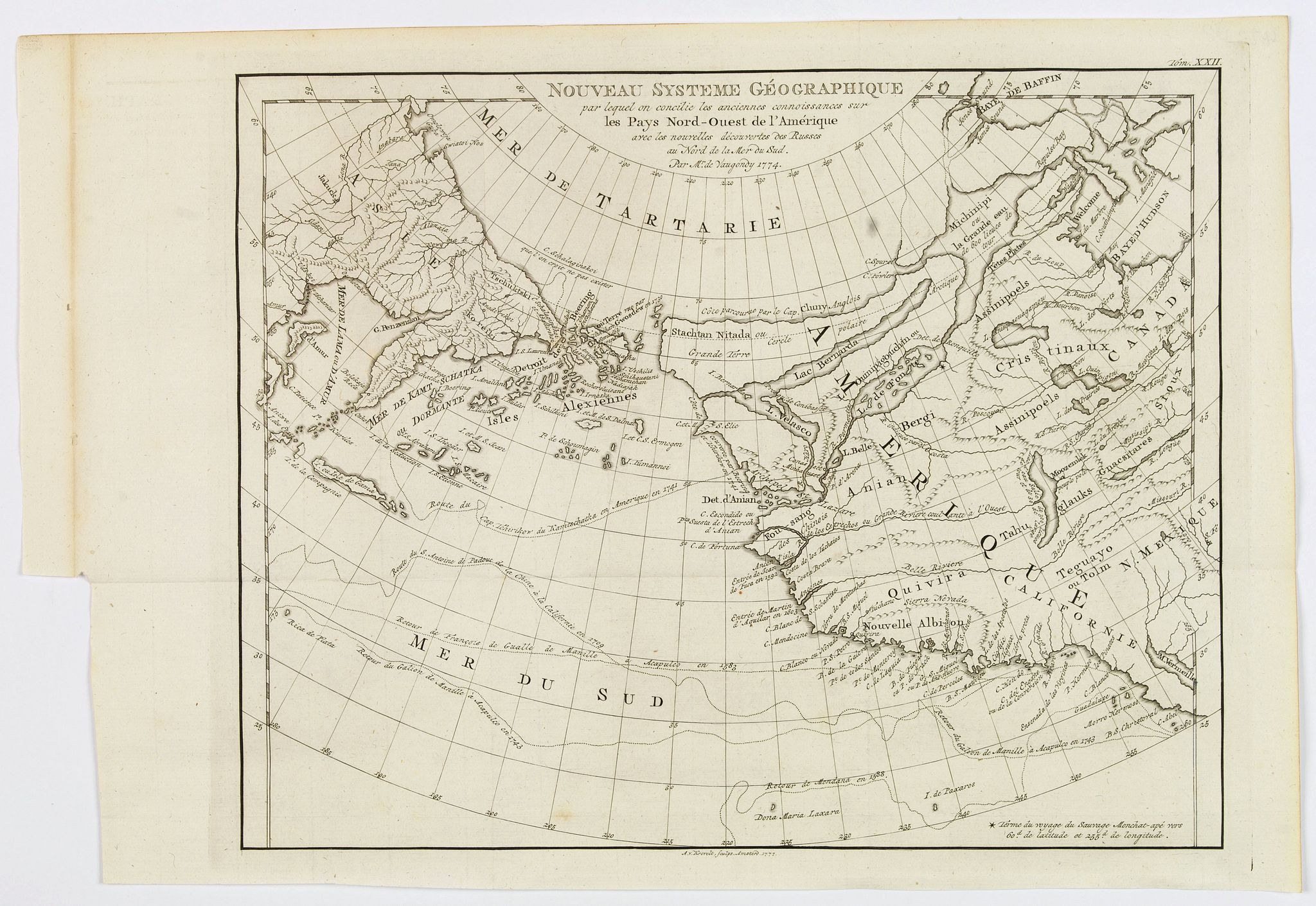 DE VAUGONDY / KREVELT., Nouveau Systeme Geographique par lequel on concilie les anciennes connoissances sur les Pays Nord-Ouest de l'Amerique avec les nouvelles decouvertes des Russes au Nord de la Mer du Sud., antique map, old maps