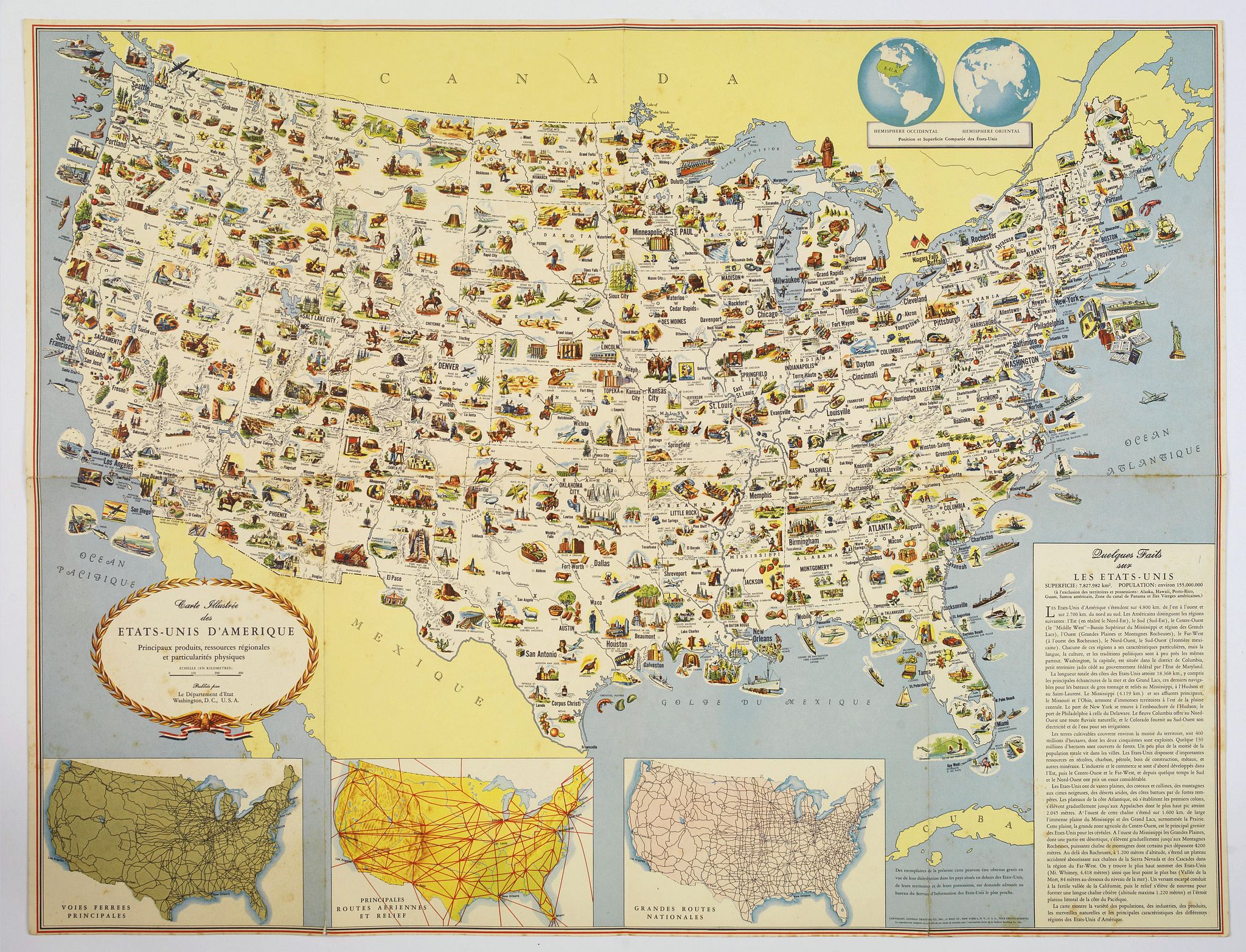 STATE DEPARTMENT, WASHINGTON, D.C., Carte Illustree des Etats-Unis d'Amerique Principaux produits, resources regionales, et particularites physiques., antique map, old maps