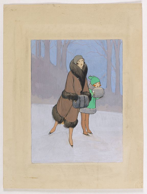 PICHON, R. (Workshop)., Art deco gouache of two skating persons., antique map, old maps