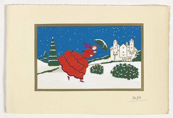PICHON, R. (Workshop)., Art déco gouache with winter scene., antique map, old maps