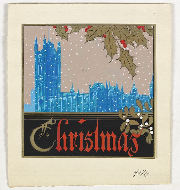 PICHON, R. (Workshop)., (Art déco gouache with winter scene of The Palace of Westminster ), antique map, old maps