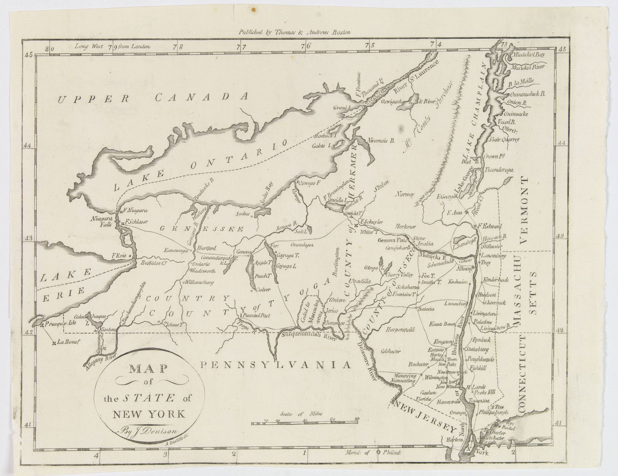 DENISON, J., Map of the State of New York., antique map, old maps