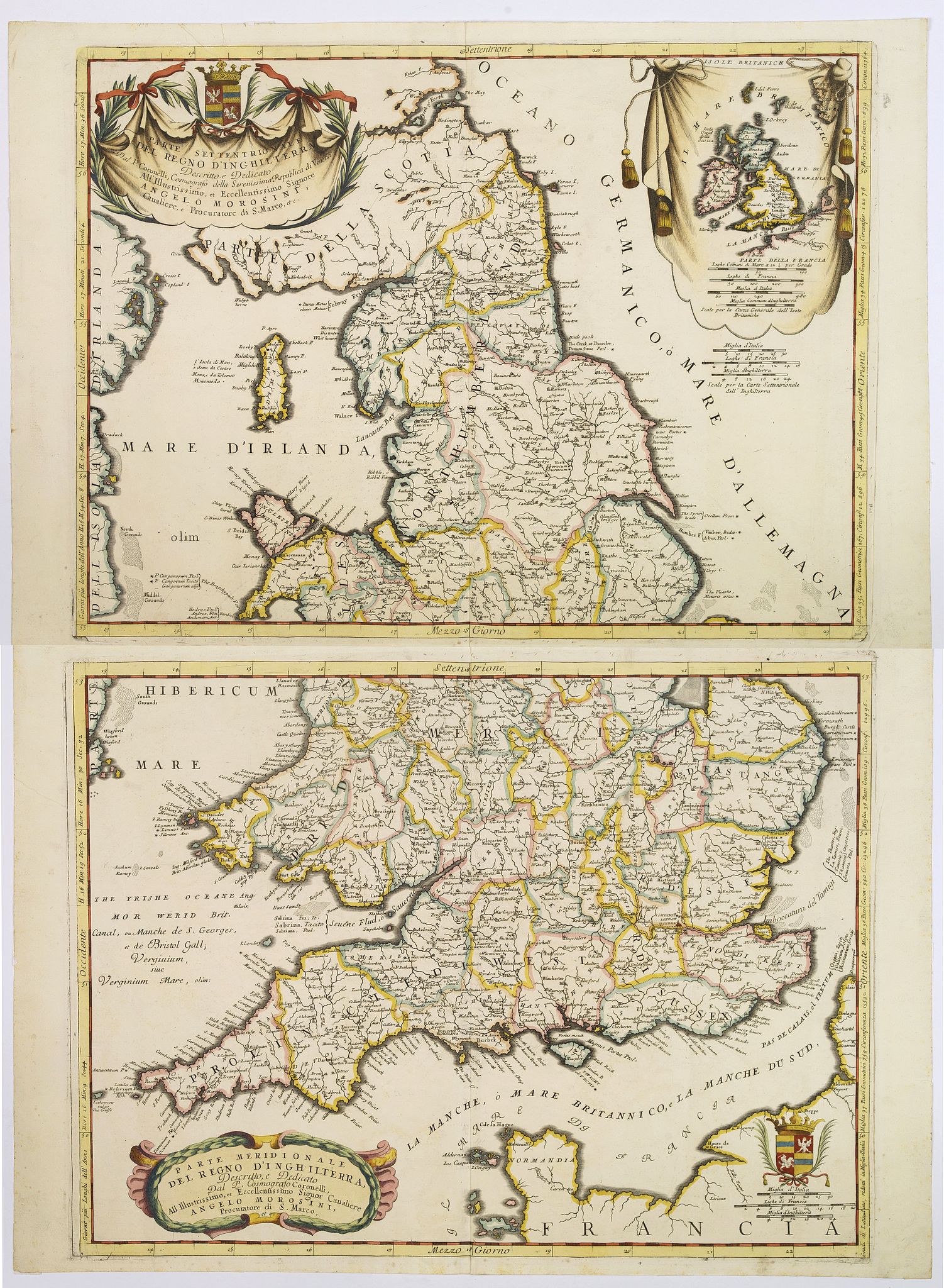 CORONELLI, V.M., Parte settentrionale del regno d'inghilterra. . ./ Parte meridioçnale des regno d'inghilterra. . ., antique map, old maps