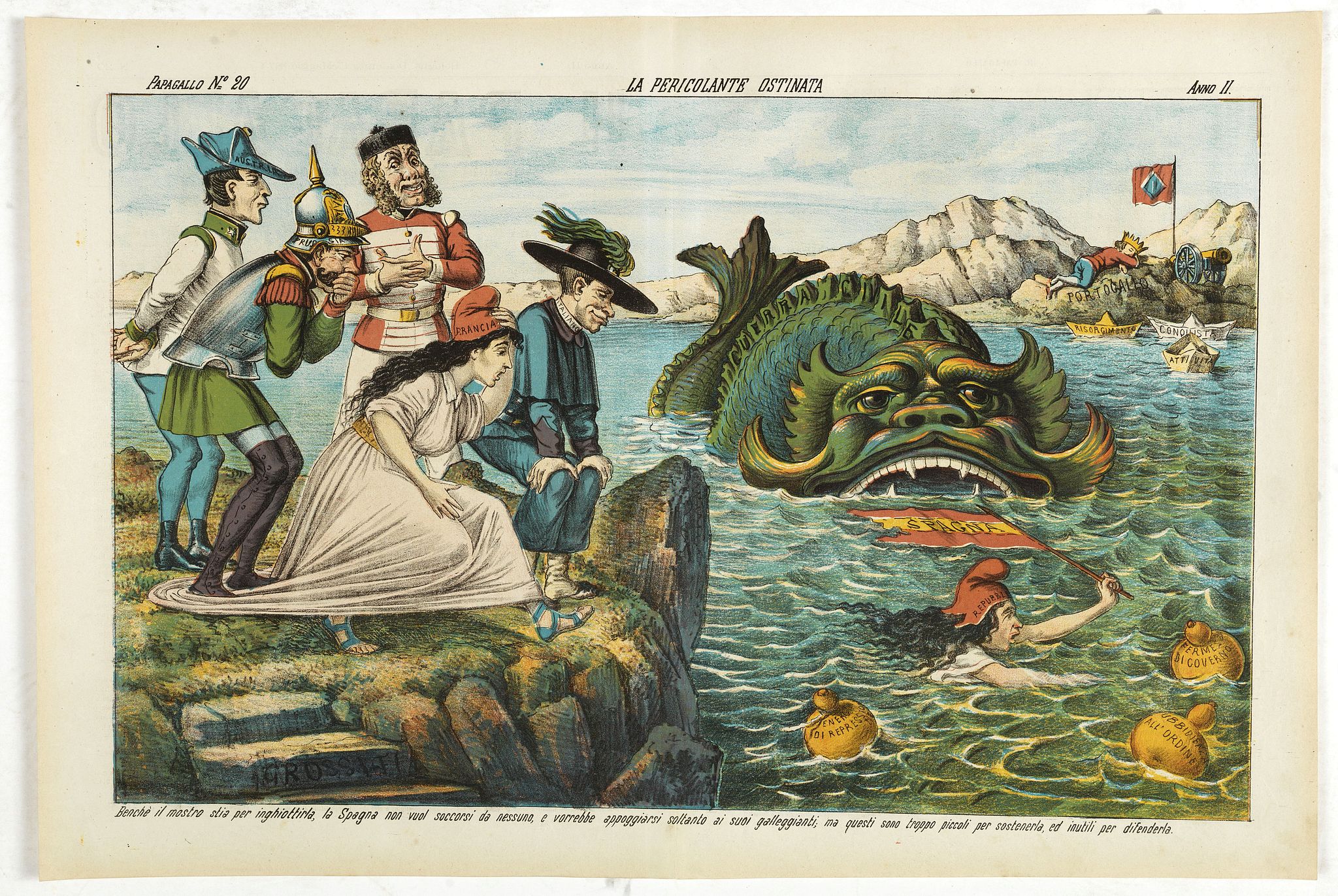 GROSSI, A., La pericolante ostinata. Papagallo No. 20 Anno II, antique map, old maps