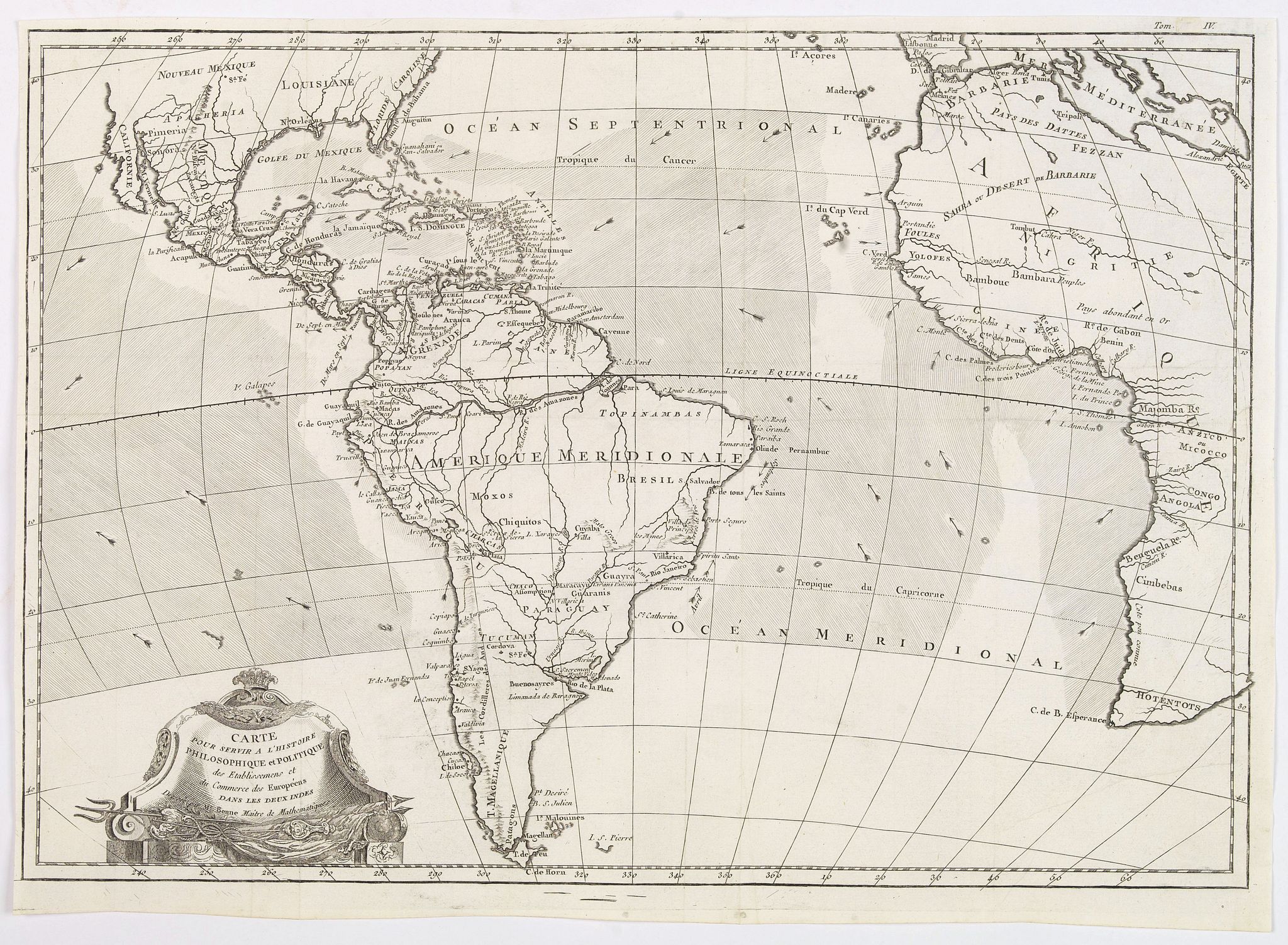 BONNE, R., Carte pour servir a L'Histoire Philosophique et Politique des Etablissemens et du Commerce des Europeens dans les deux Indes., antique map, old maps
