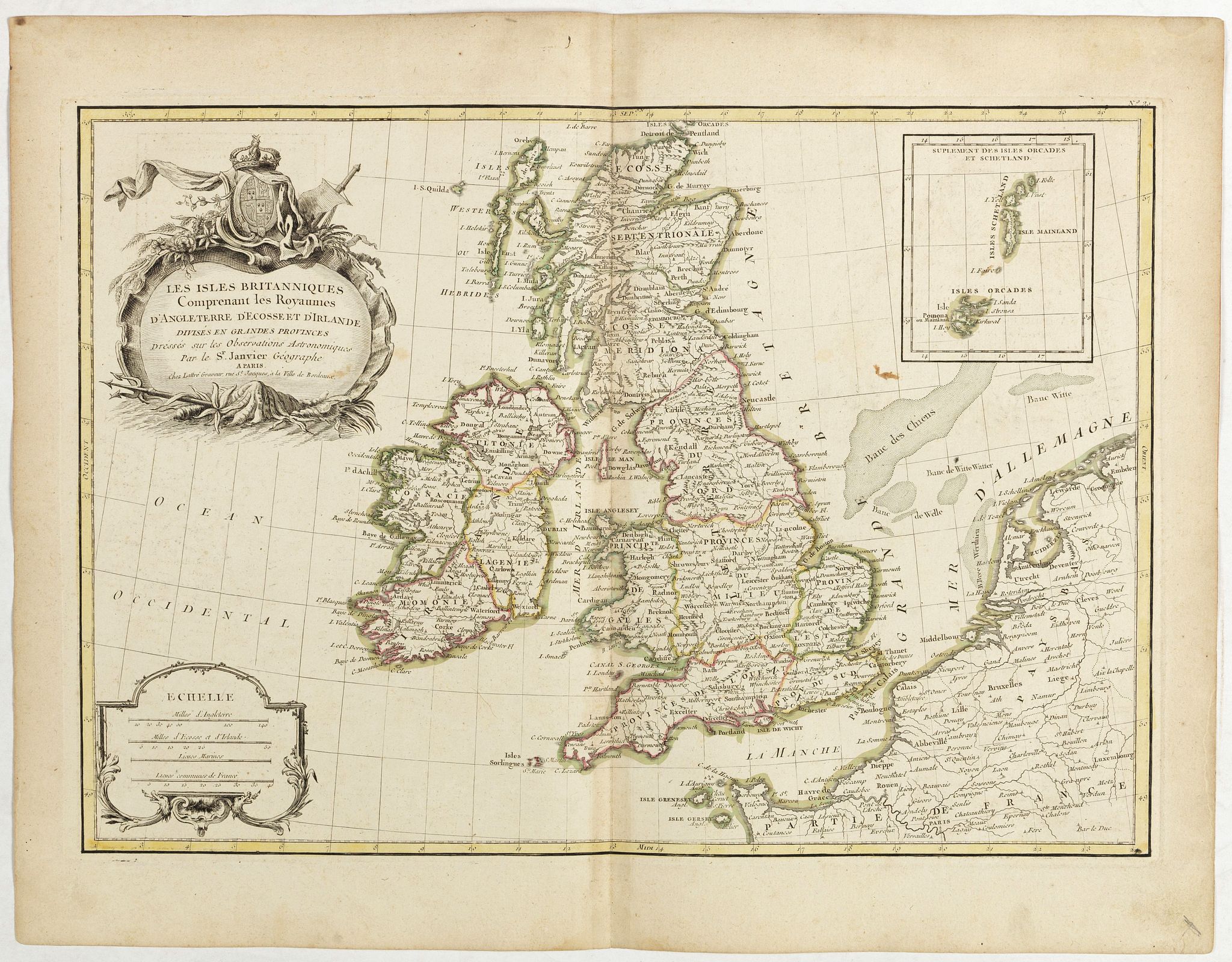 LATTRÉ / JANVIER,Sr., Les Isles Britanniques comprenant les Royaumes d'Angleterre, d'Ecosse et d'Irlande . . ., antique map, old maps