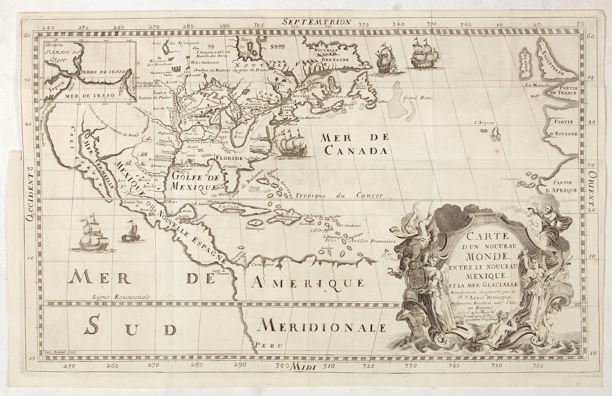HENNEPIN, Louis., Carte D’un Nouveau Monde, entre le Nouveau Mexique, et la Mer Glacialle Novellement decouvert par le R.P. Louis Hennepin…, antique map, old maps