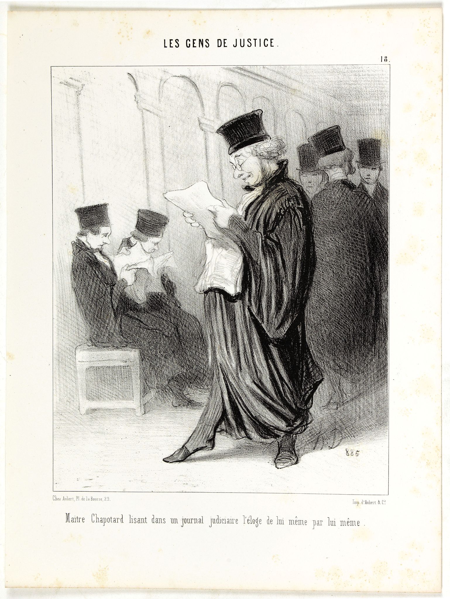 DAUMIER, H., Maitre Chapotard lisant dans un journal judiciaire l'éloge de lui même par lui même., antique map, old maps
