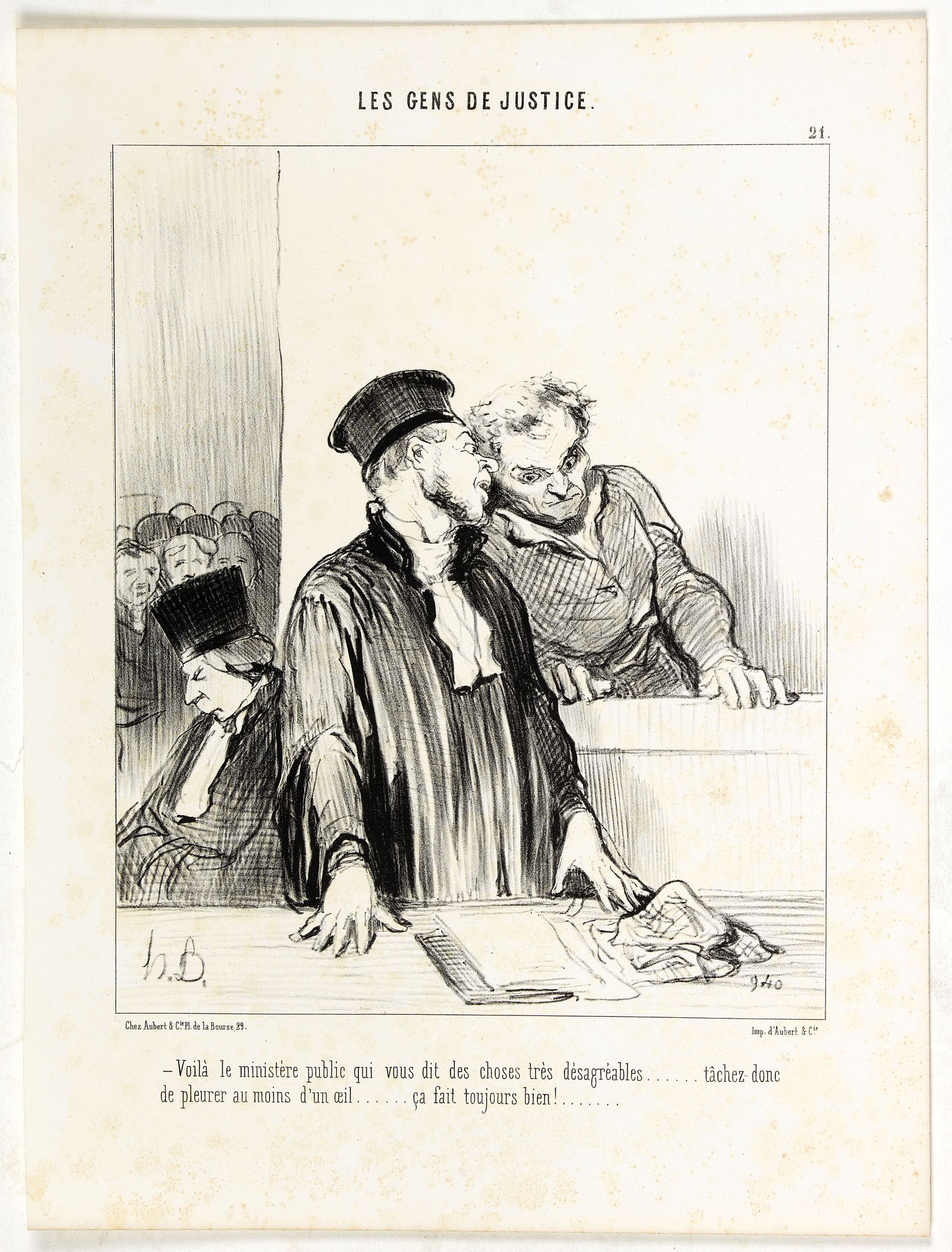 DAUMIER, H., Voilà le ministère public qui vous dit des choses très désagréables........ tâchez donc de pleurer au moins d'un oeil ... ça fait toujours bien!......, antique map, old maps