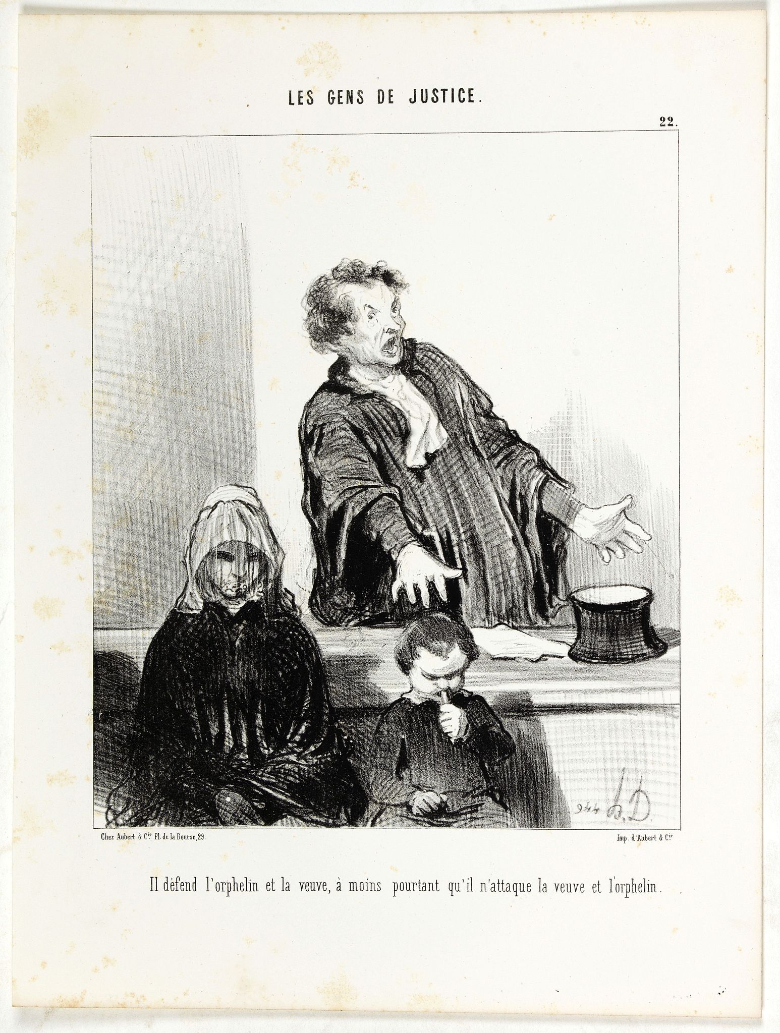 DAUMIER, H., Il défend l'orphelin et la veuve, à moins pourtant qu'il n'attaque la veuve et l'orphelin., antique map, old maps