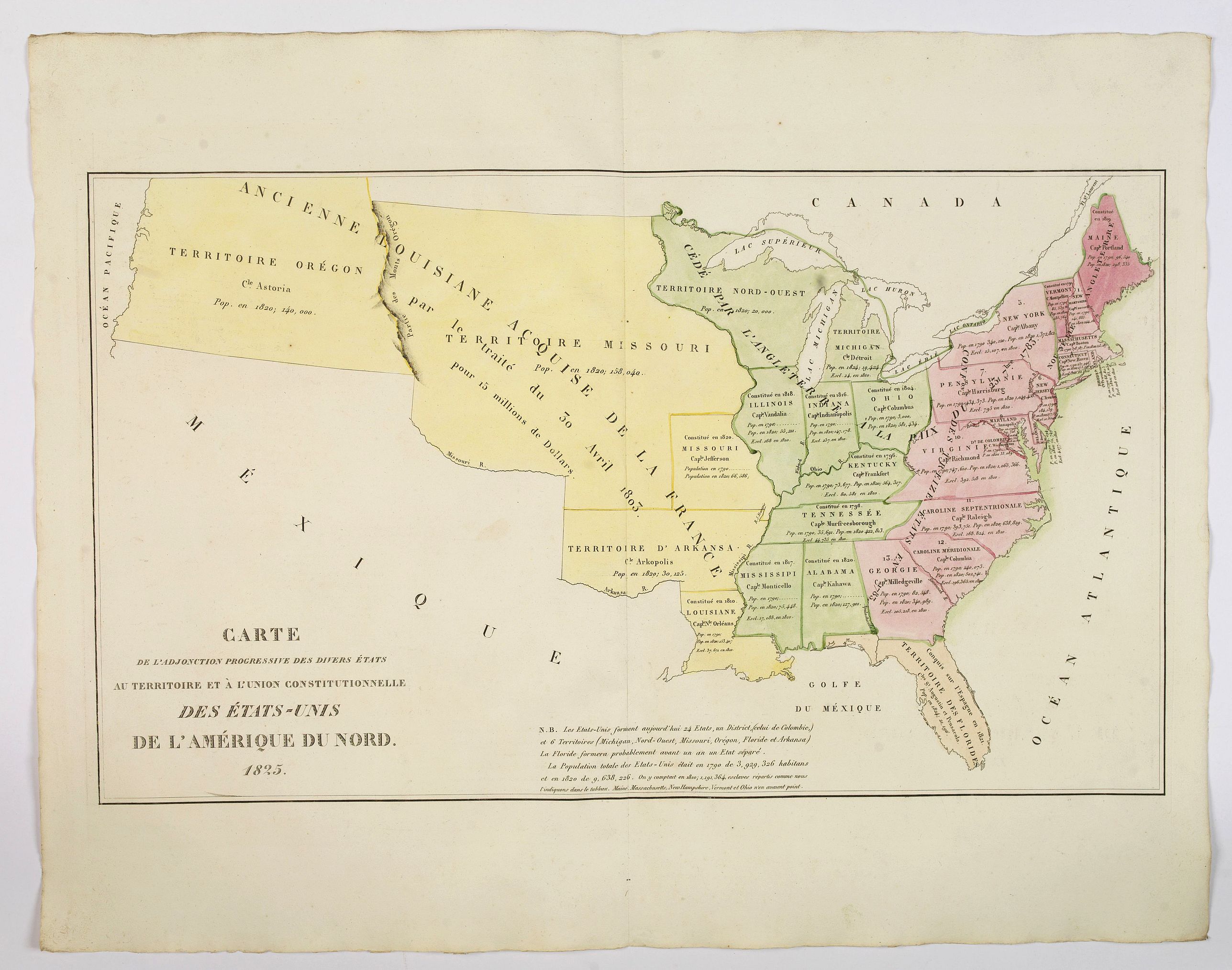 BUCHON, J.A., Carte de l'Adjonction Progressive des divers Etats au Territoire et a l'Union Constitutionnelle des Etats-Unis de l'Amerique du Nord. 1825., antique map, old maps