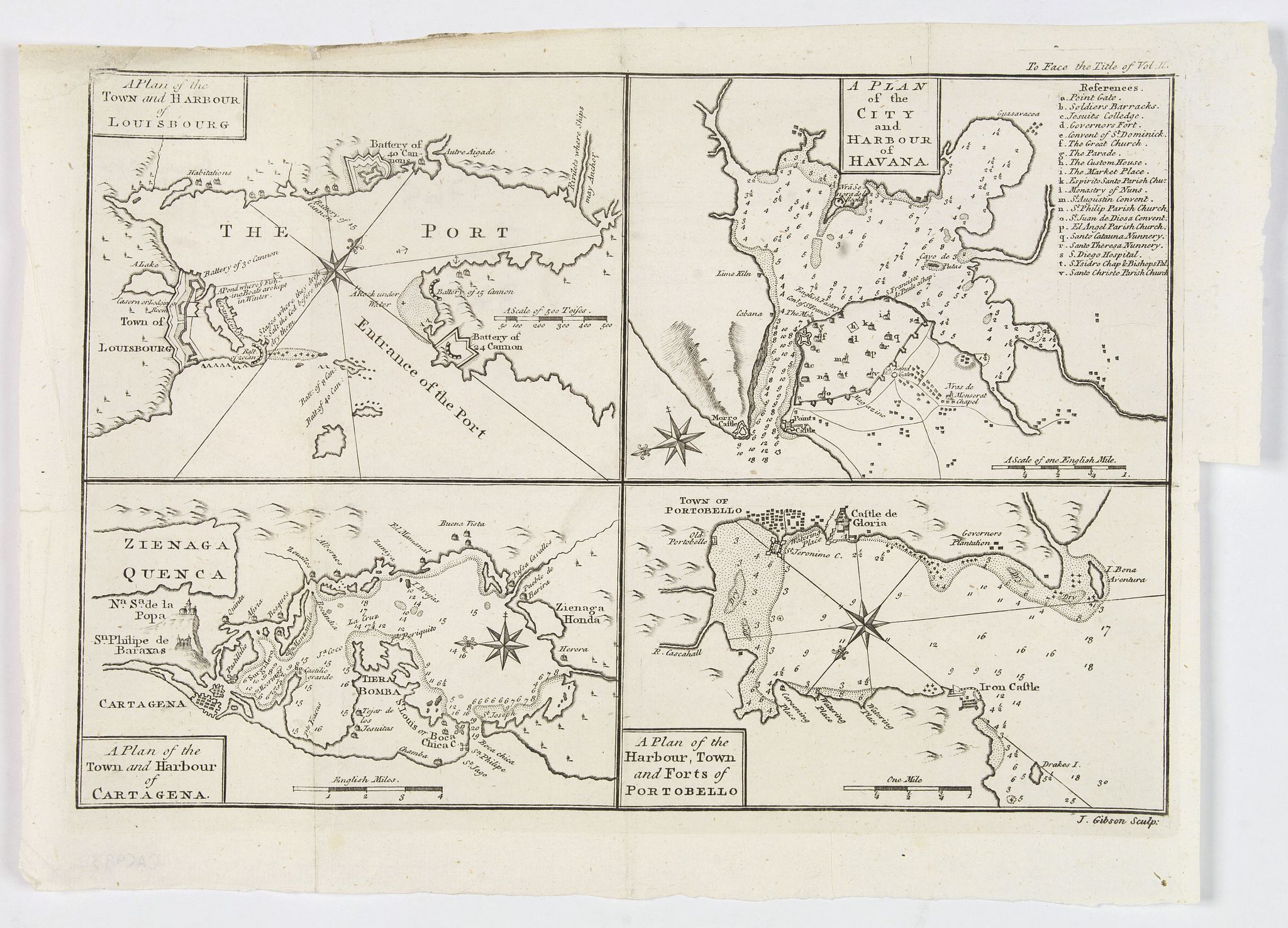 GIBSON, J., A Plan of the Town and Harbour of Louisbourg. . . A Plan of the City and Harbour of Havana. . . A Plan of the Town and Harbour of Cartagena. . ., antique map, old maps