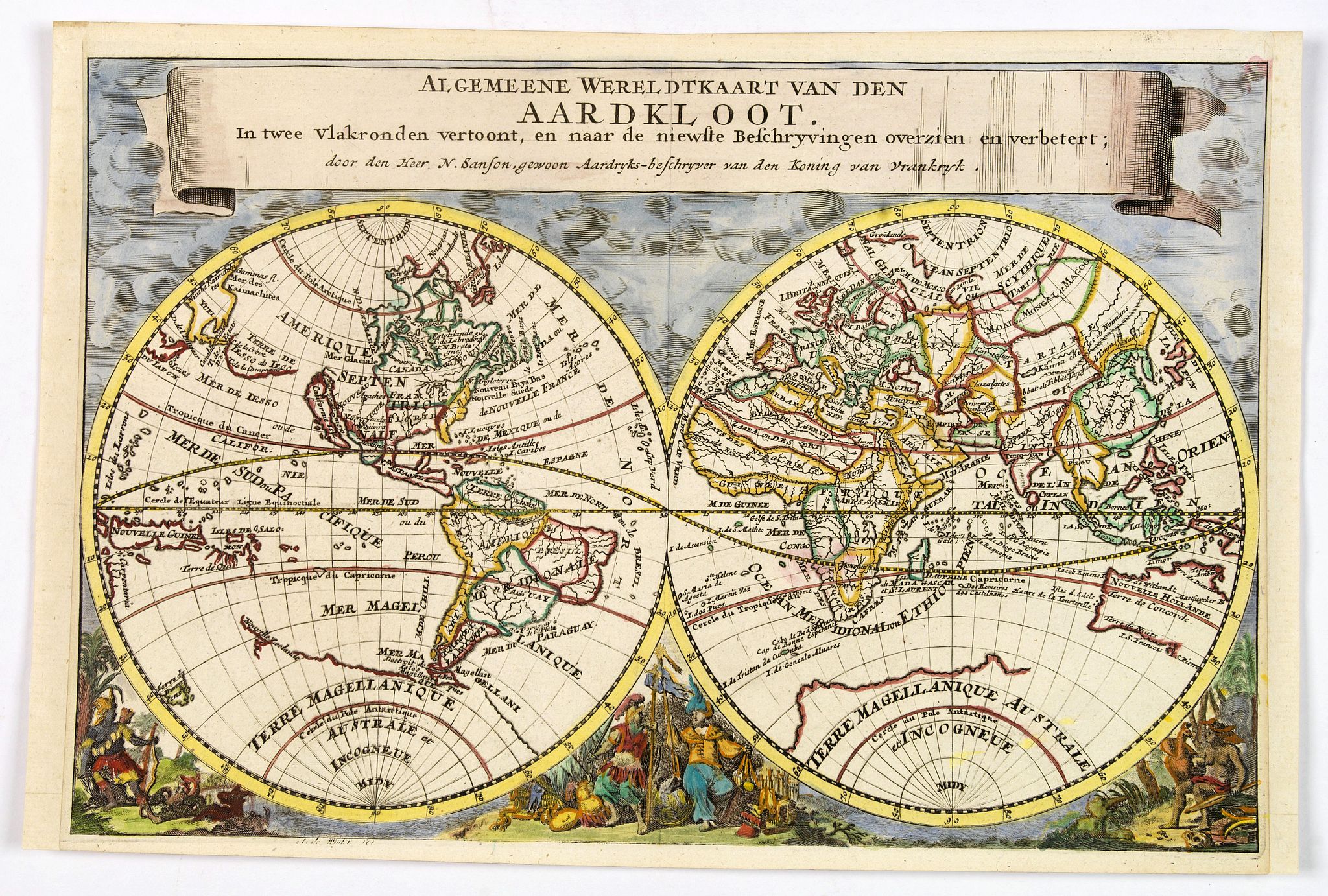 SANSON, N., Algemeene Wereldkaart van den Aardkloot. In twee Vlakronden vertoont, en naar de niewste Beschryvingen overzein en verbetert. . ., antique map, old maps