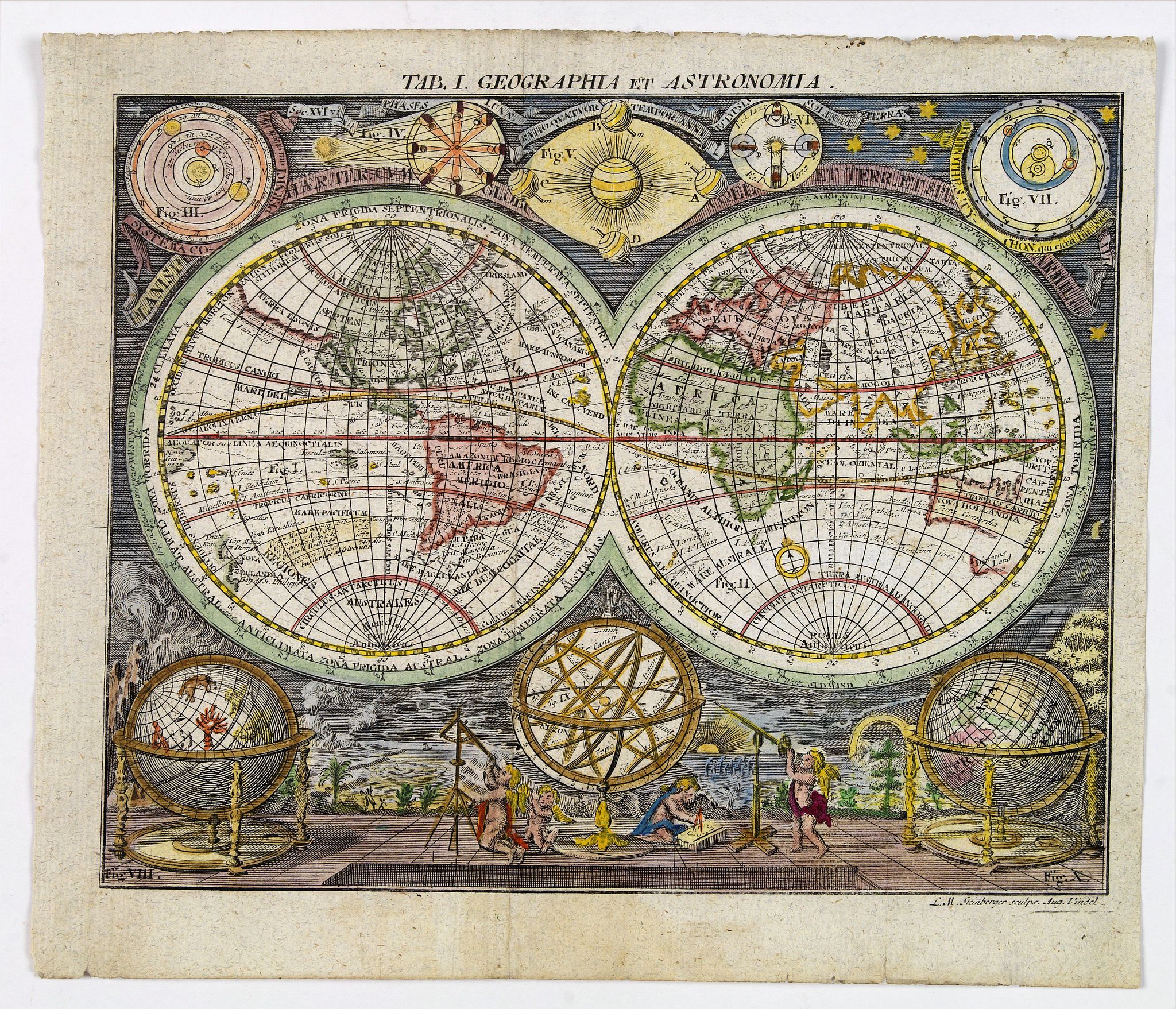 HUBNER, Johann., Tab. 1. Geographia et Astronomia., antique map, old maps