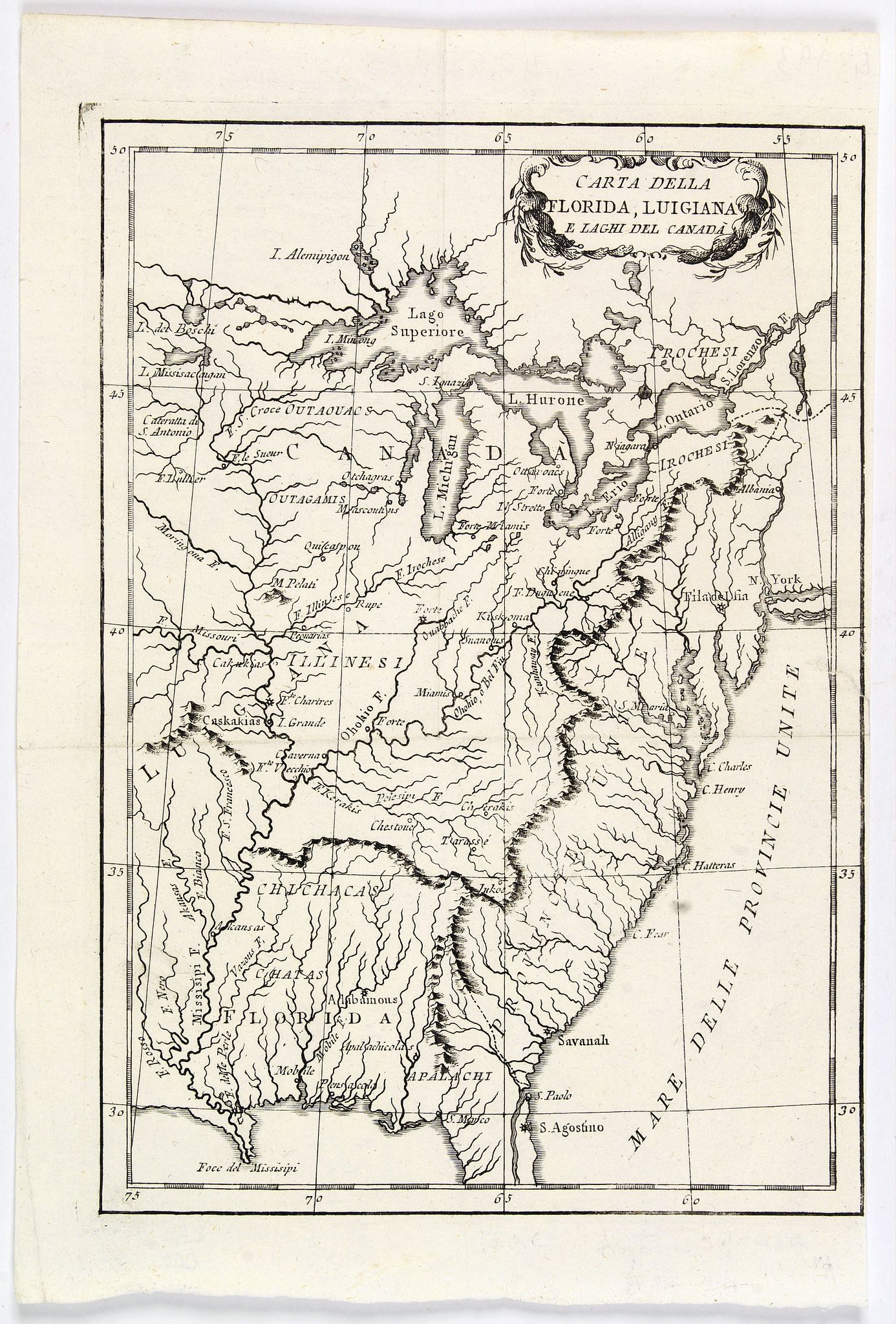 LA HARPE, Jean-Francois., Carta Della Florida, Luigiana e Laghi del Canada., antique map, old maps