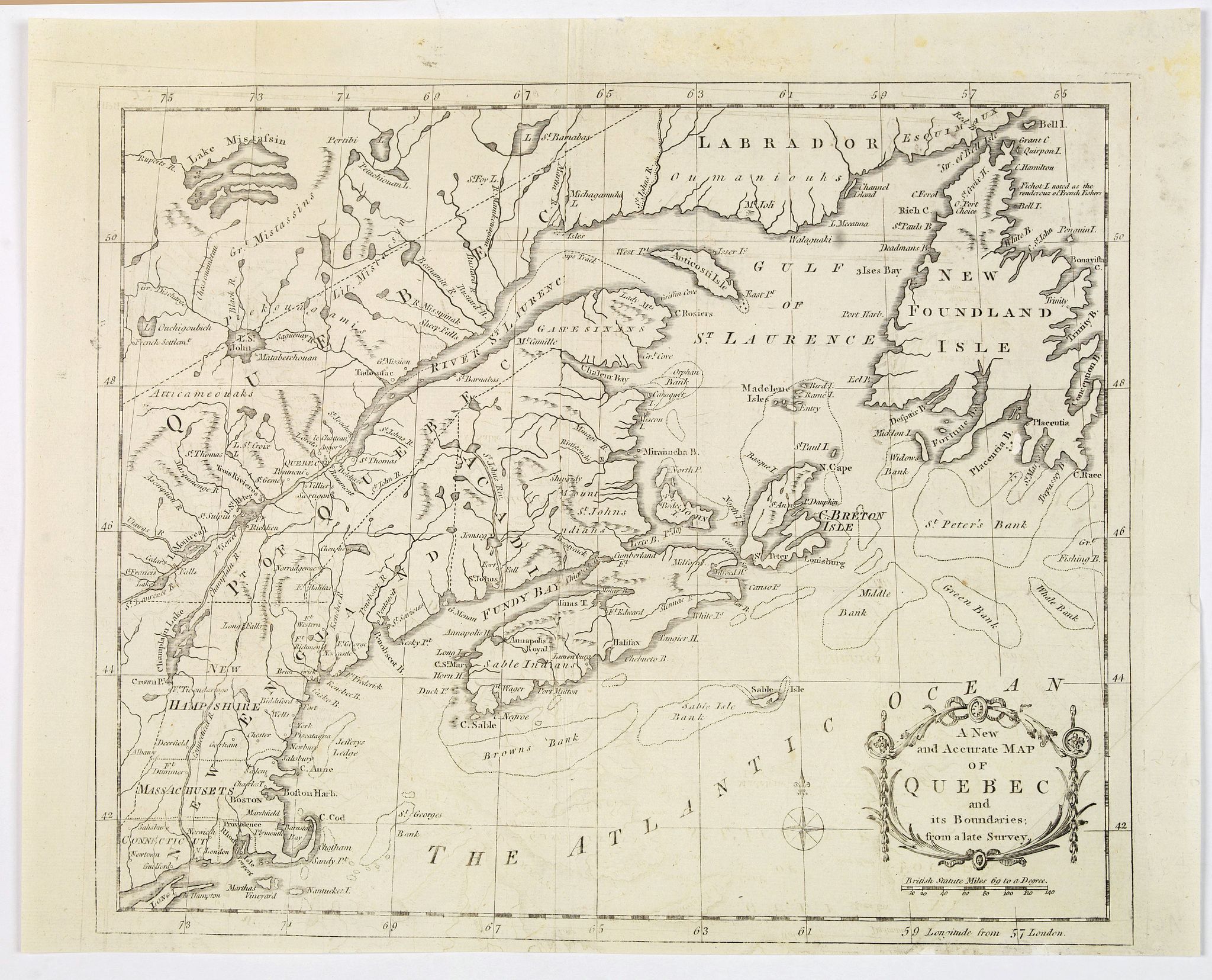 THE UNIVERSAL MAGAZINE., A New and Accurate Mapp of Quebec and its Boundaries, from a late Survey., antique map, old maps
