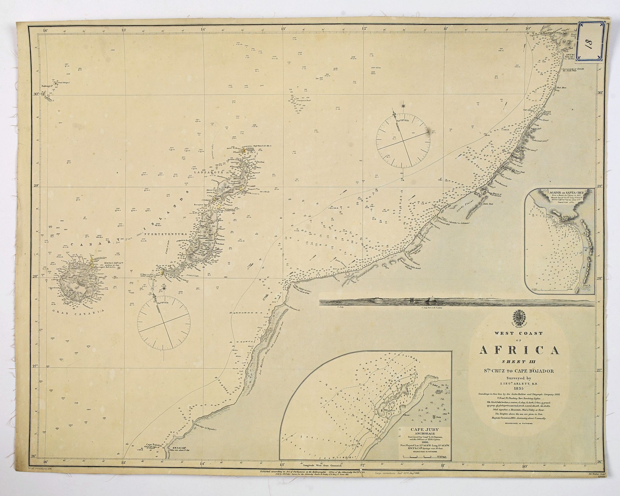 HYDROGRAPHIC OFFICE., West Coast of Africa, Sheet III Sta. Cruz to Cape Bojador., antique map, old maps
