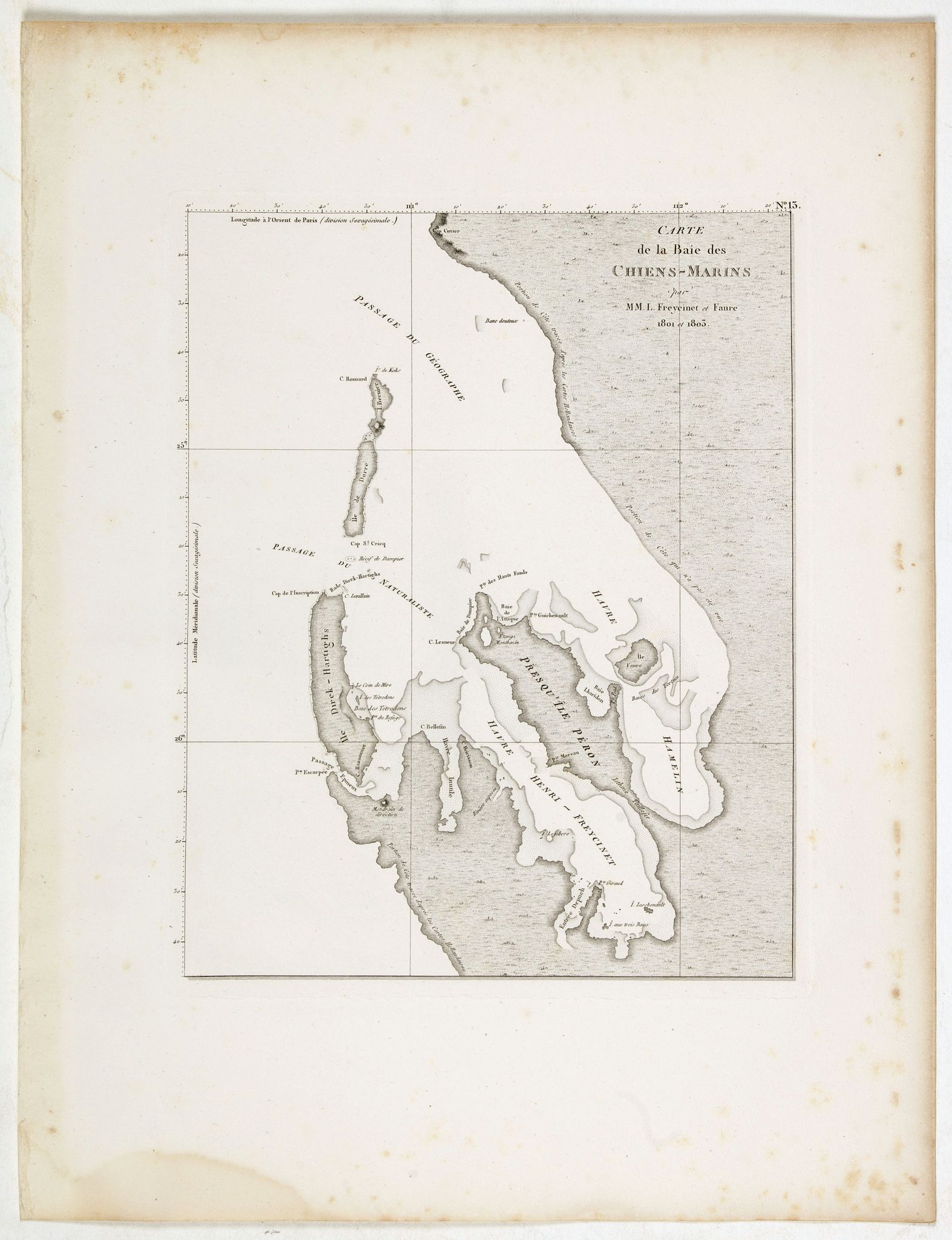 FREYCINET, M.L., Carte de la Baie des Chiens-Marins par M. M. L. Freycinet et Faure, 1801 et 1803., antique map, old maps